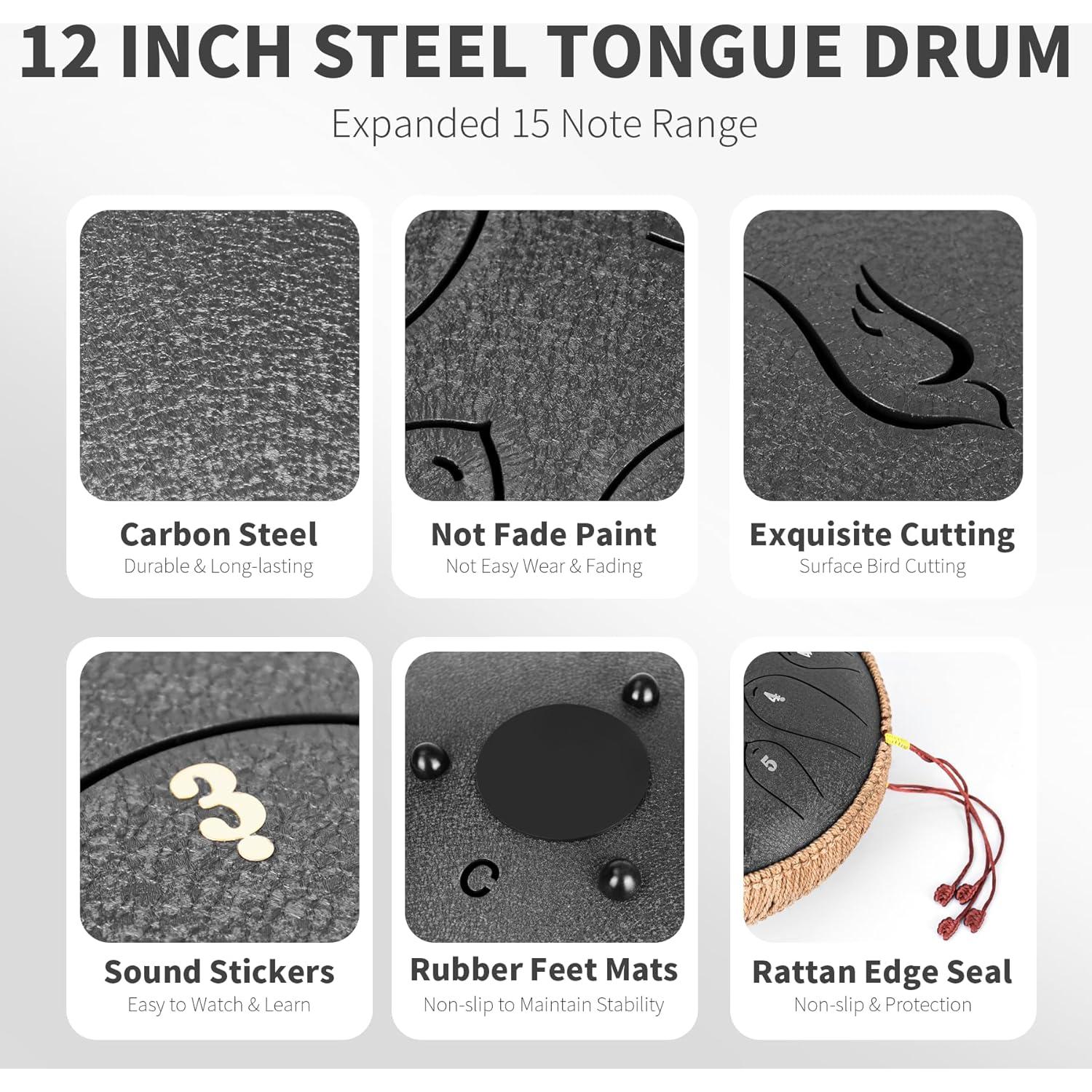 Steel Tongue Drum, 12 Inch 15 Note Tongue Drums, Handpan Drums Percussion Instrument for Kids & Adults, Hand Pan Drum with Music Book, Drum Mallets and Carry Bag, Major C (Black)