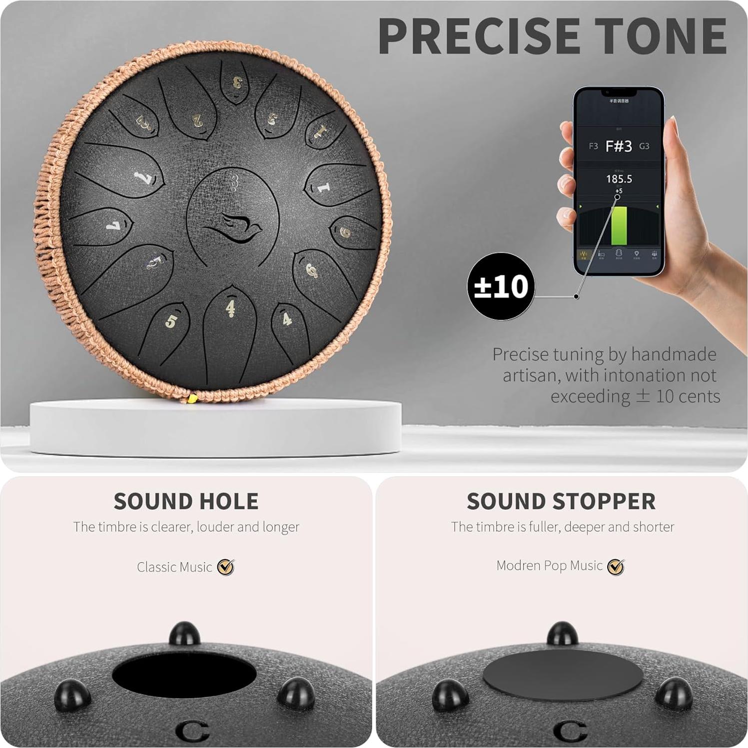 Steel Tongue Drum, 12 Inch 15 Note Tongue Drums, Handpan Drums Percussion Instrument for Kids & Adults, Hand Pan Drum with Music Book, Drum Mallets and Carry Bag, Major C (Black)