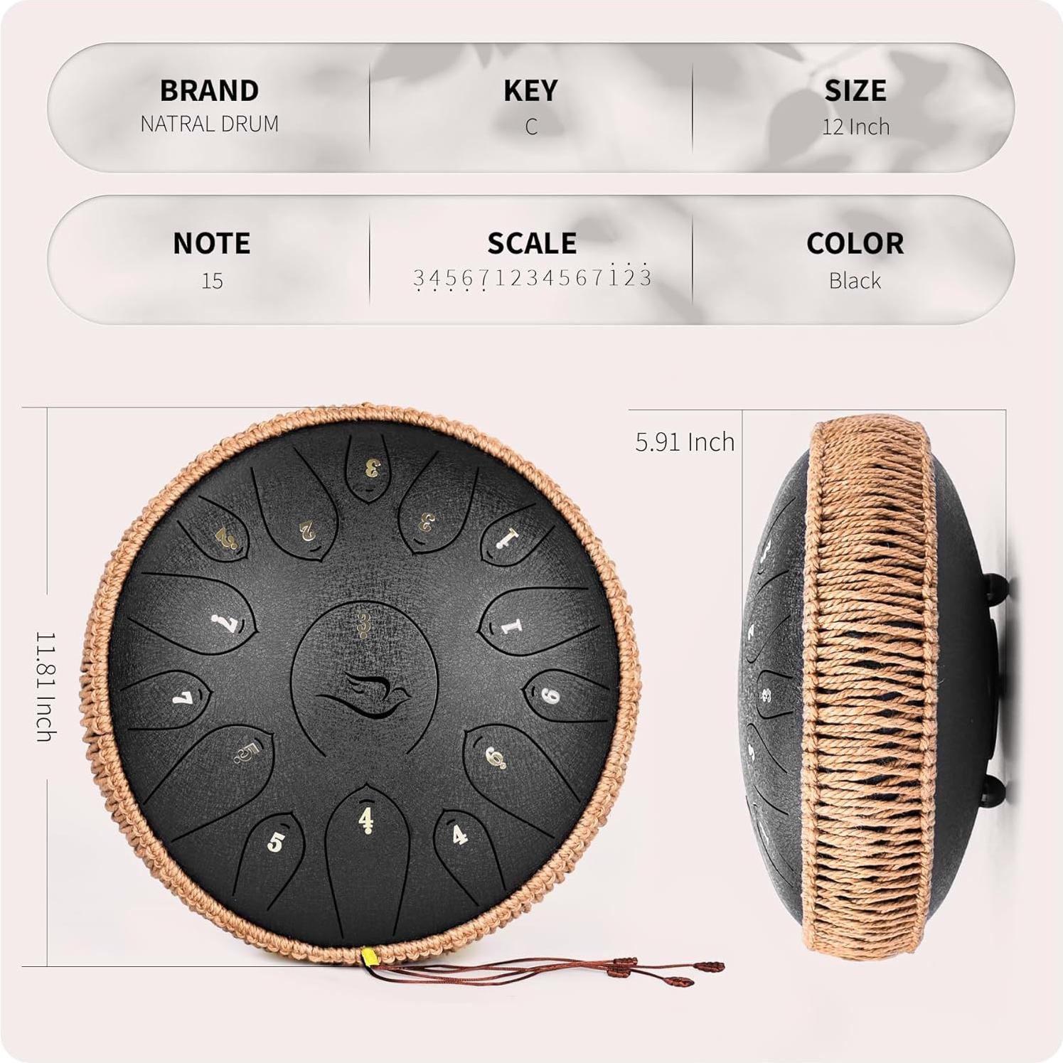 Steel Tongue Drum, 12 Inch 15 Note Tongue Drums, Handpan Drums Percussion Instrument for Kids & Adults, Hand Pan Drum with Music Book, Drum Mallets and Carry Bag, Major C (Black)