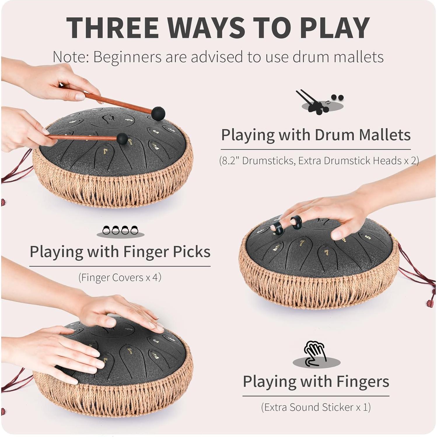 Steel Tongue Drum, 12 Inch 15 Note Tongue Drums, Handpan Drums Percussion Instrument for Kids & Adults, Hand Pan Drum with Music Book, Drum Mallets and Carry Bag, Major C (Black)