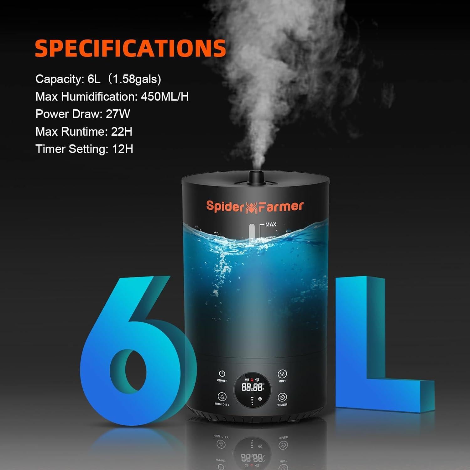 Humidificador Spider Farmer 6L Ultrasonico con Temporizador y Nebulizador Frío