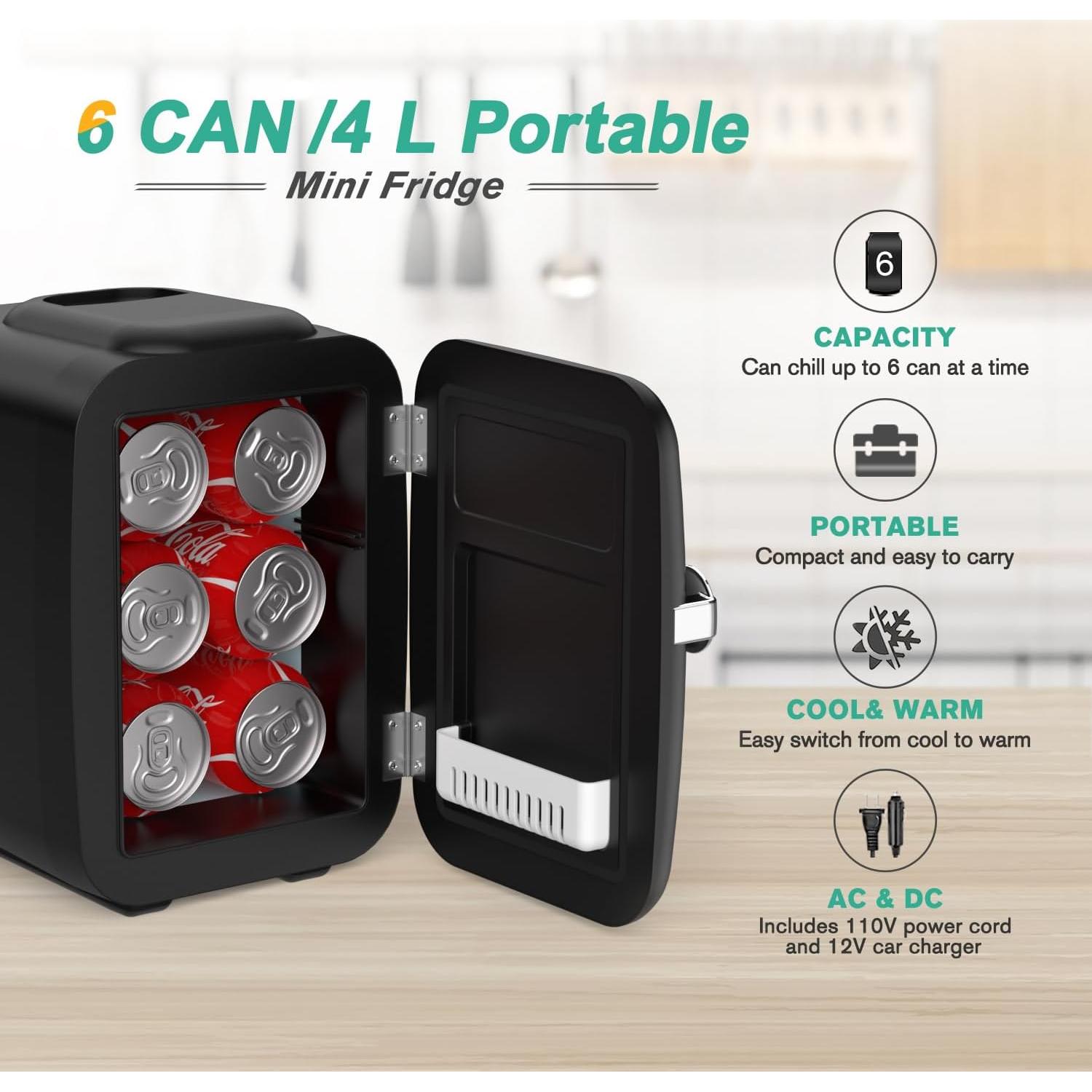 CROWNFUL Mini Fridge, 4 Liter/6 Can Portable Cooler and Warmer Personal Fridge for Skin Care, Cosmetics, Food,Great for Bedroom, Office, Car, Dorm, ETL Listed (Black)