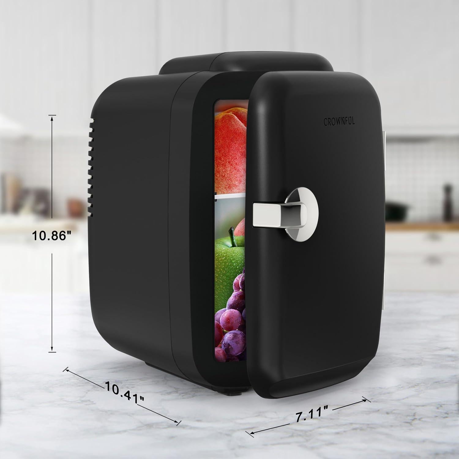 CROWNFUL Mini Fridge, 4 Liter/6 Can Portable Cooler and Warmer Personal Fridge for Skin Care, Cosmetics, Food,Great for Bedroom, Office, Car, Dorm, ETL Listed (Black)