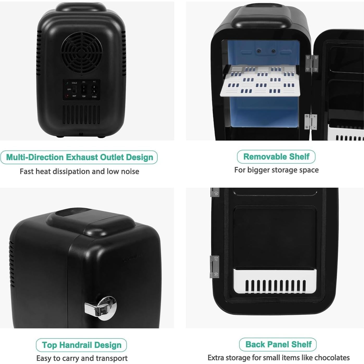 CROWNFUL Mini Fridge, 4 Liter/6 Can Portable Cooler and Warmer Personal Fridge for Skin Care, Cosmetics, Food,Great for Bedroom, Office, Car, Dorm, ETL Listed (Black)