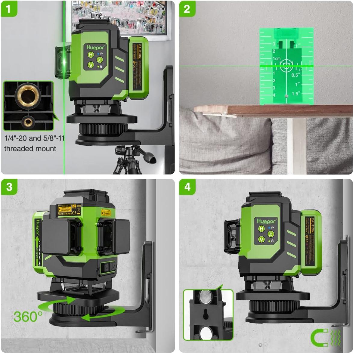 Huepar 3D Laser level Tiling Floor Ground Leveling Laser Tool with 2 Li-ion Batteries, 3x360 Cross Line Green Beam Laser Level with Type-C Charge Port & Magnetic Bracket, Hard Carry Case-LS03DG