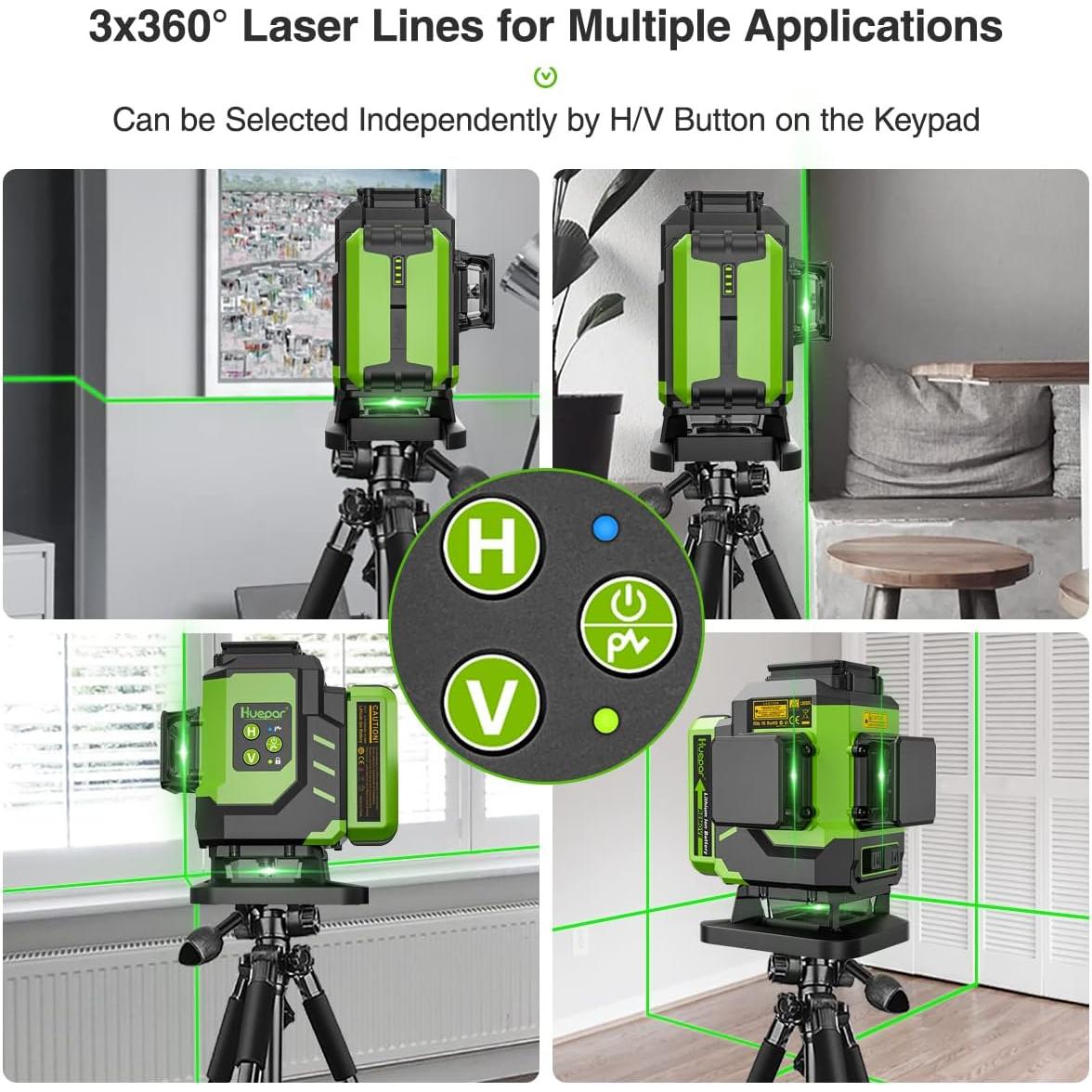 Huepar 3D Laser level Tiling Floor Ground Leveling Laser Tool with 2 Li-ion Batteries, 3x360 Cross Line Green Beam Laser Level with Type-C Charge Port & Magnetic Bracket, Hard Carry Case-LS03DG