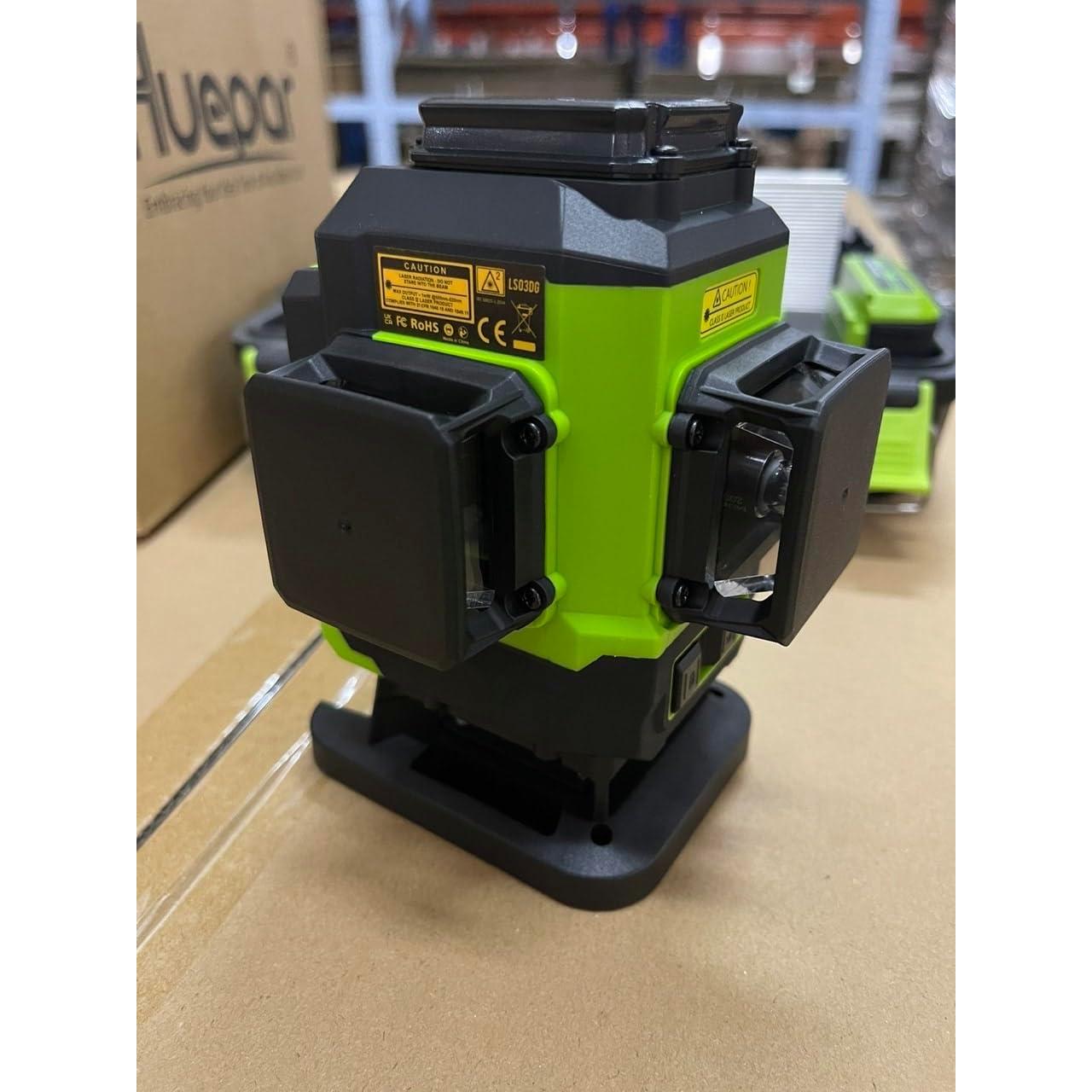 Huepar 3D Laser level Tiling Floor Ground Leveling Laser Tool with 2 Li-ion Batteries, 3x360 Cross Line Green Beam Laser Level with Type-C Charge Port & Magnetic Bracket, Hard Carry Case-LS03DG