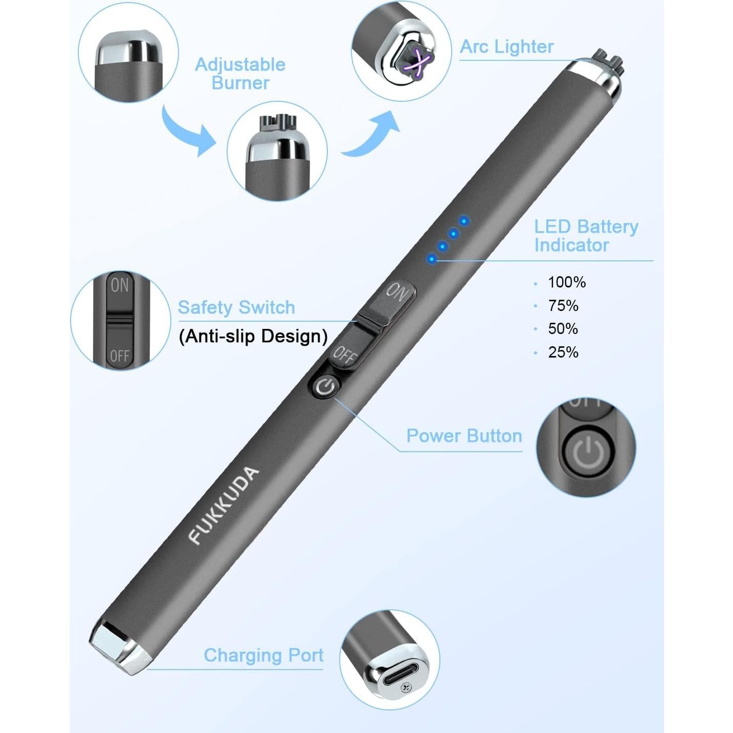 Encendedor Eléctrico Doble Arco Fukkuda Recargable USB Gris