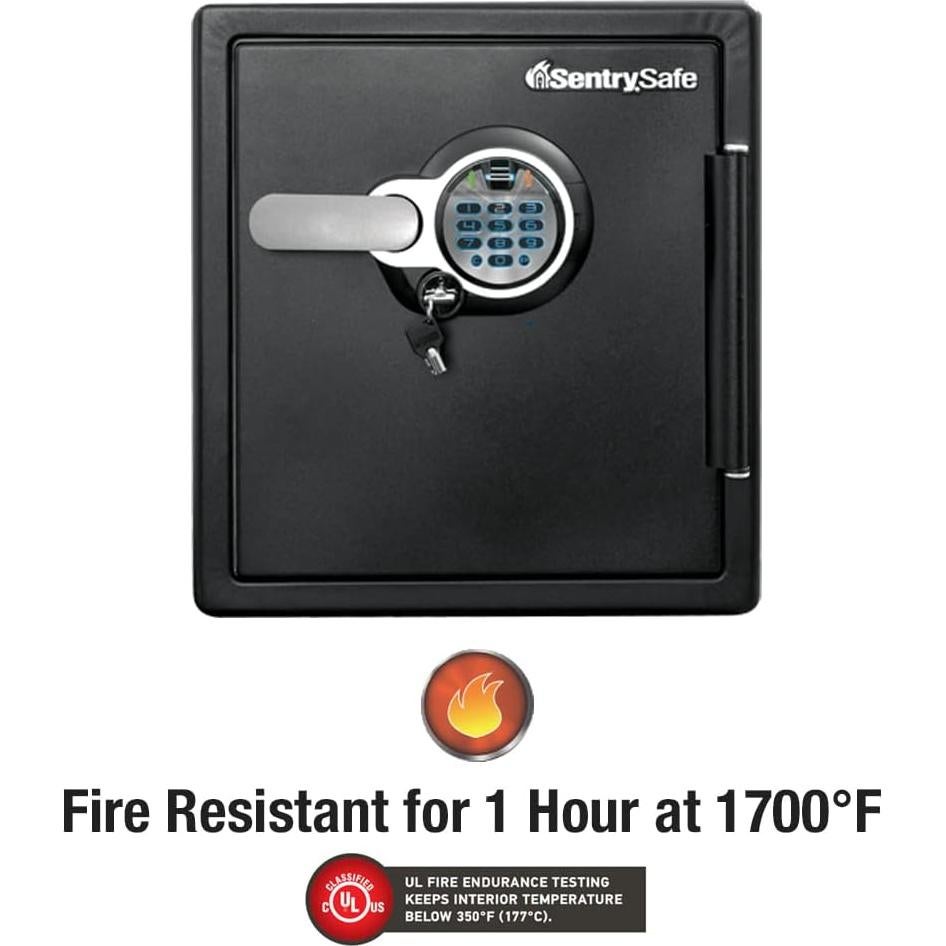 SentrySafe Fireproof and Waterproof Home Safe with Biometric Fingerprint Lock, Keypad, and Key Lock for Securing Money, Jewelry, Documents, 1.23 Cubic Feet, SFW123BTC