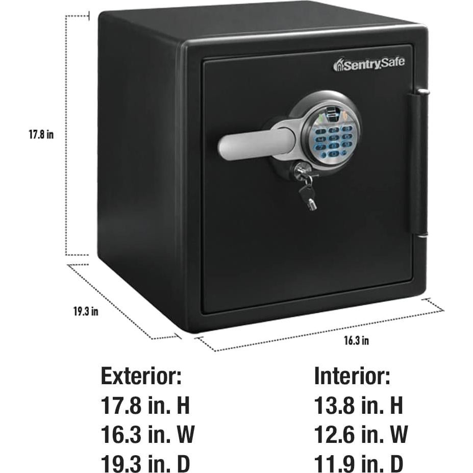 SentrySafe Fireproof and Waterproof Home Safe with Biometric Fingerprint Lock, Keypad, and Key Lock for Securing Money, Jewelry, Documents, 1.23 Cubic Feet, SFW123BTC