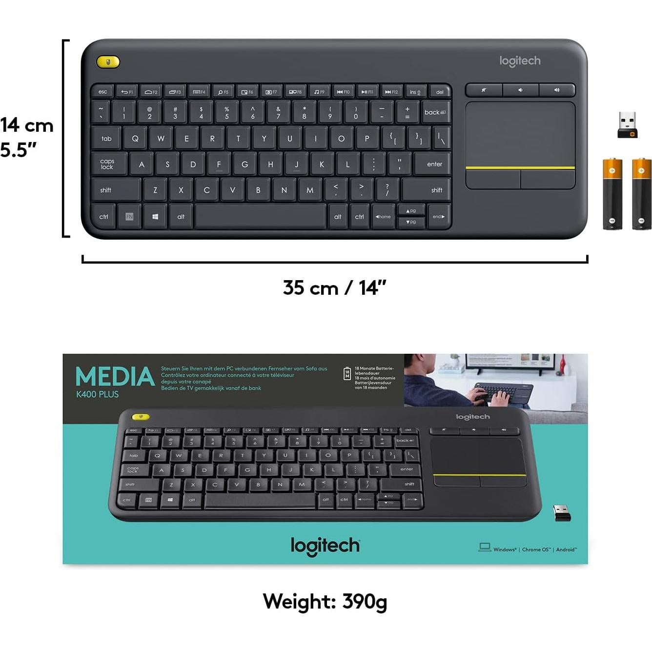Teclado Inalámbrico Logitech K400 Plus con Touchpad - Negro