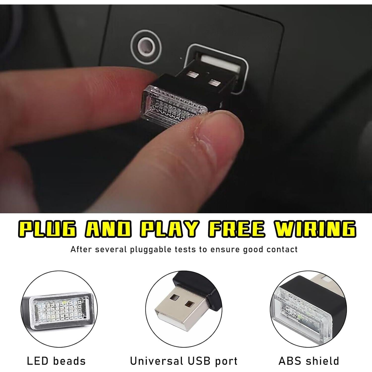 Augeny Lámpara LED de Ambiente Interior para Auto USB 4 Pcs Amarillo