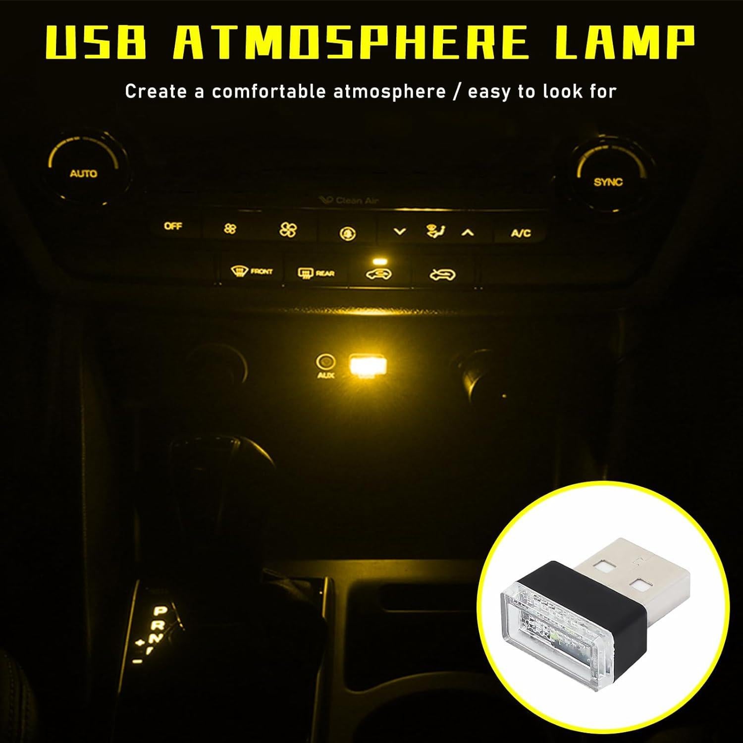 Augeny Lámpara LED de Ambiente Interior para Auto USB 4 Pcs Amarillo