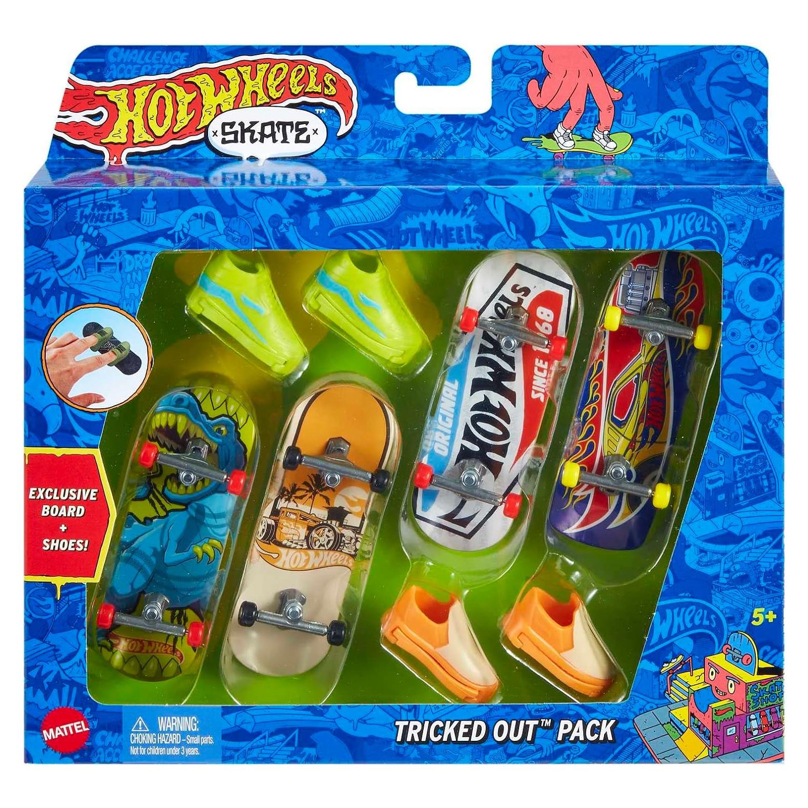 Hot Wheels Skate 4 Fingerboards & 2 Pairs of Removable Skate Shoes, Tricked Out Pack of Fully Assembled Boards, 1 Exclusive Set