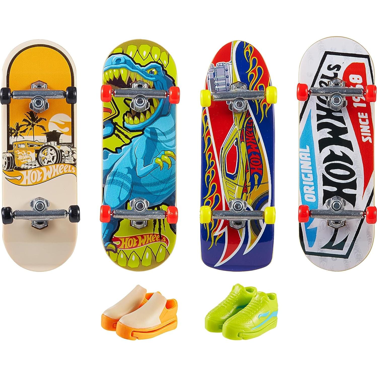 Hot Wheels Skate 4 Fingerboards & 2 Pairs of Removable Skate Shoes, Tricked Out Pack of Fully Assembled Boards, 1 Exclusive Set