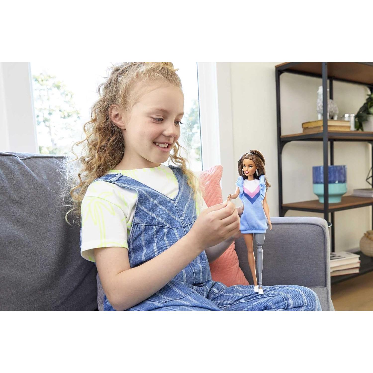 Barbie Fashionistas Doll #121 with Brown Hair & Prosthetic Leg Wearing Blue Sweater Dress & Accessories Including Shoes & Hoop Earrings