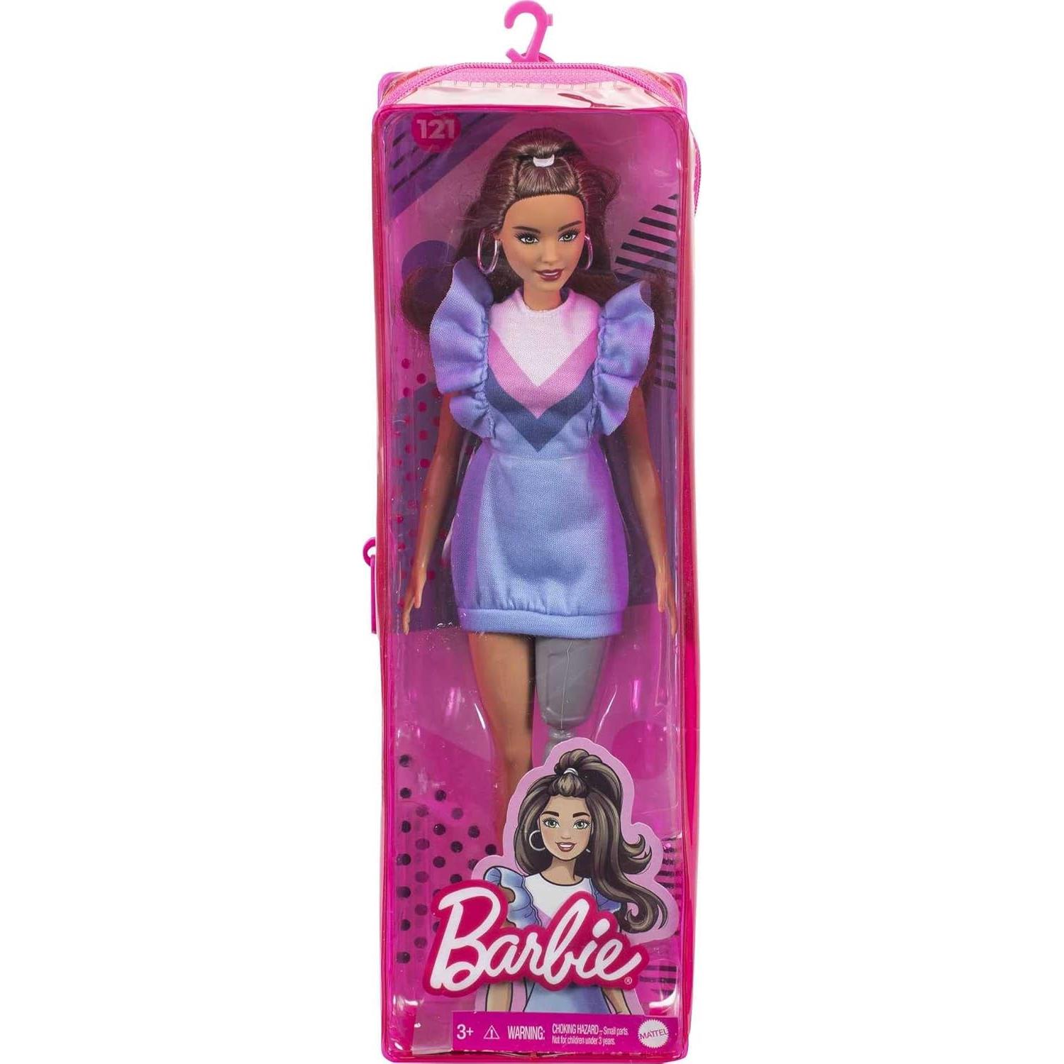 Barbie Fashionistas Doll #121 with Brown Hair & Prosthetic Leg Wearing Blue Sweater Dress & Accessories Including Shoes & Hoop Earrings