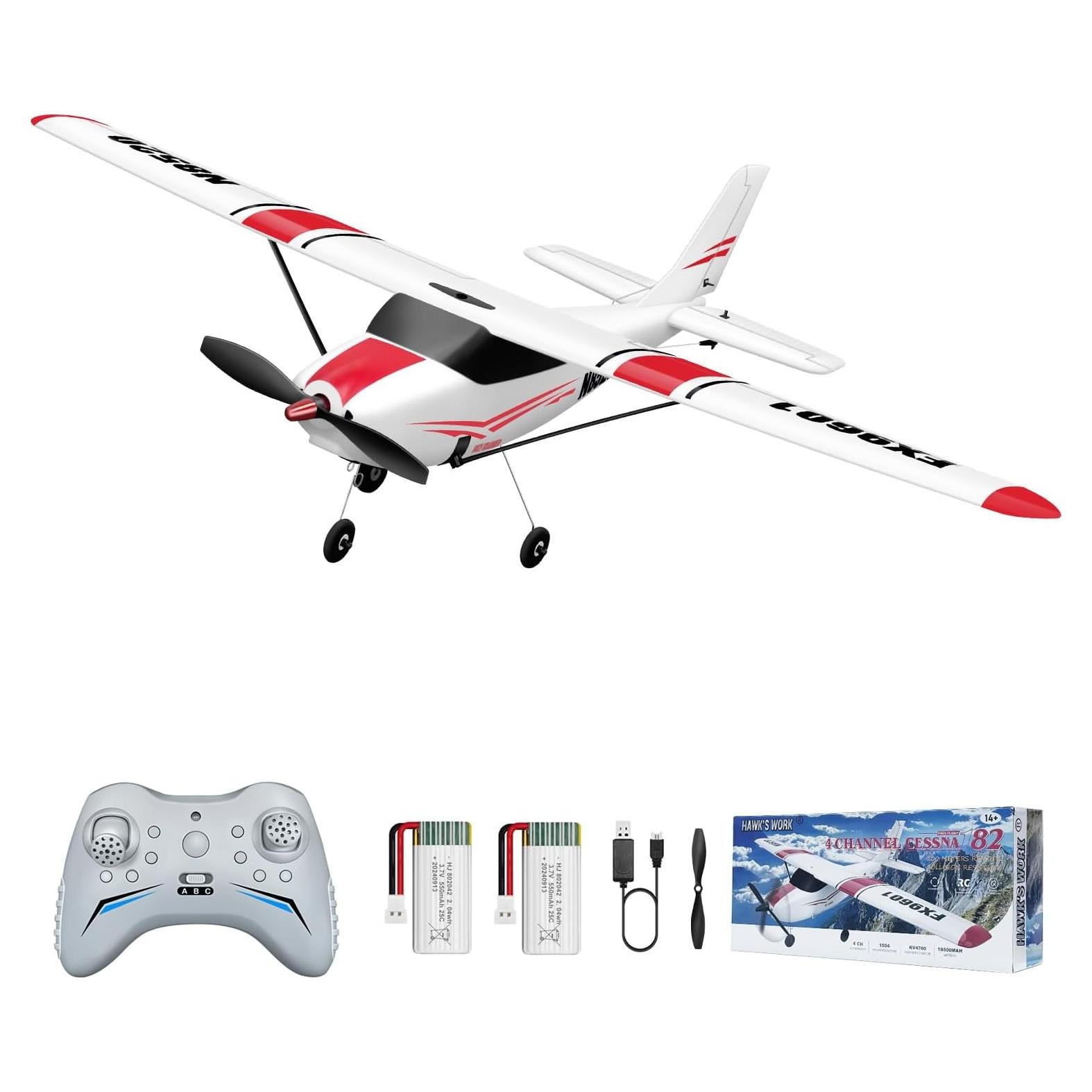 HAWK'S WORK 4 Channel RC Plane, Remote Control Airplane Cessna Ready to Fly, Brushless Motor 6-axis Gyro Stabilizer 3 Flight Mode Stunt Flying, Easy Trainer for Beginner & Kid