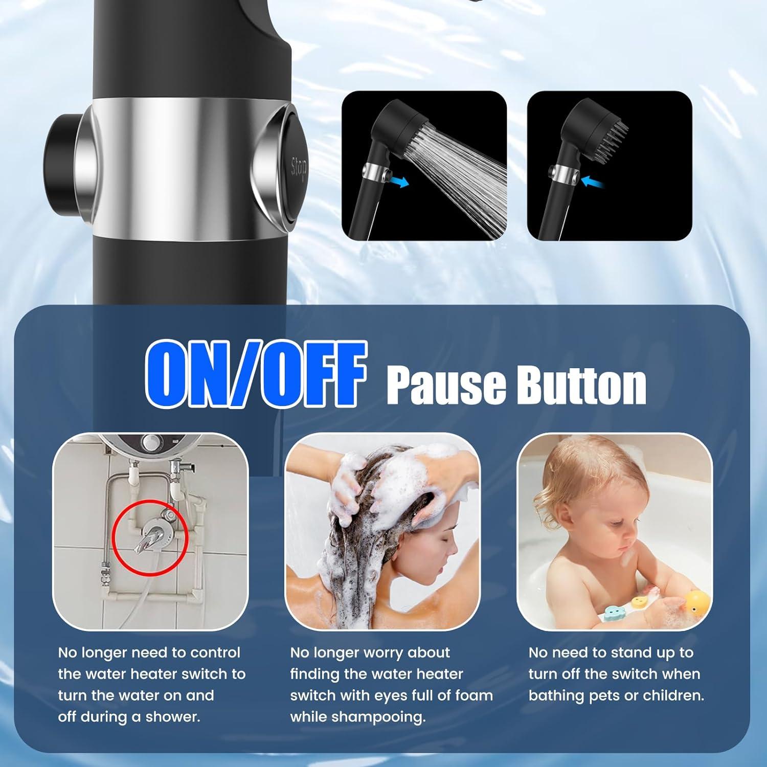 Cabezal de Ducha Filtrado PWERAN 3 Modos Alta Presión Negro