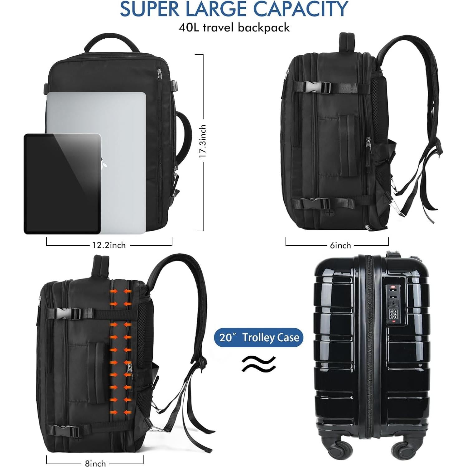 Mochila de Viaje Beraliy 40L para Laptop 17.3" Negra