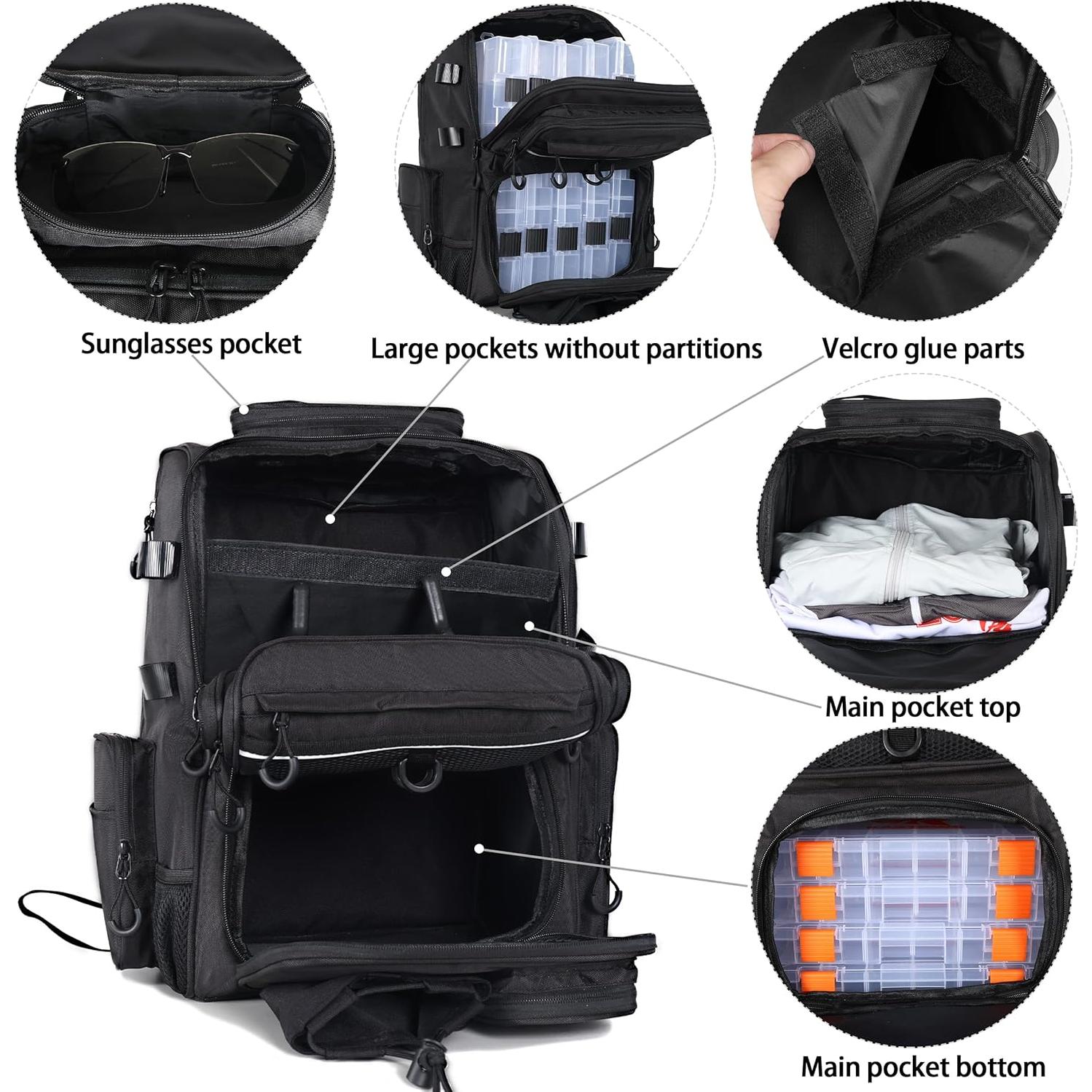 Mochila de Pesca 40L con Soportes para Cañas - Negra