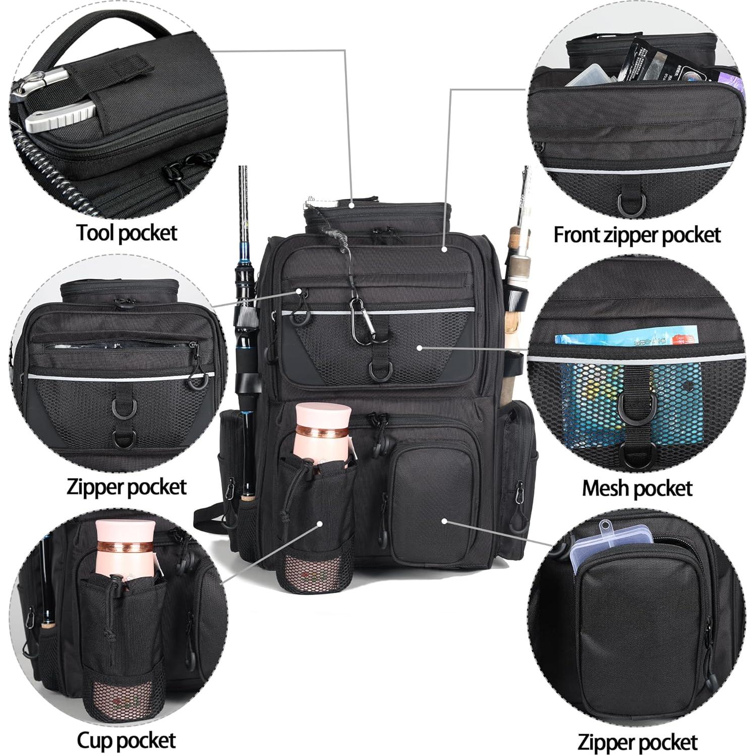 Mochila de Pesca 40L con Soportes para Cañas - Negra