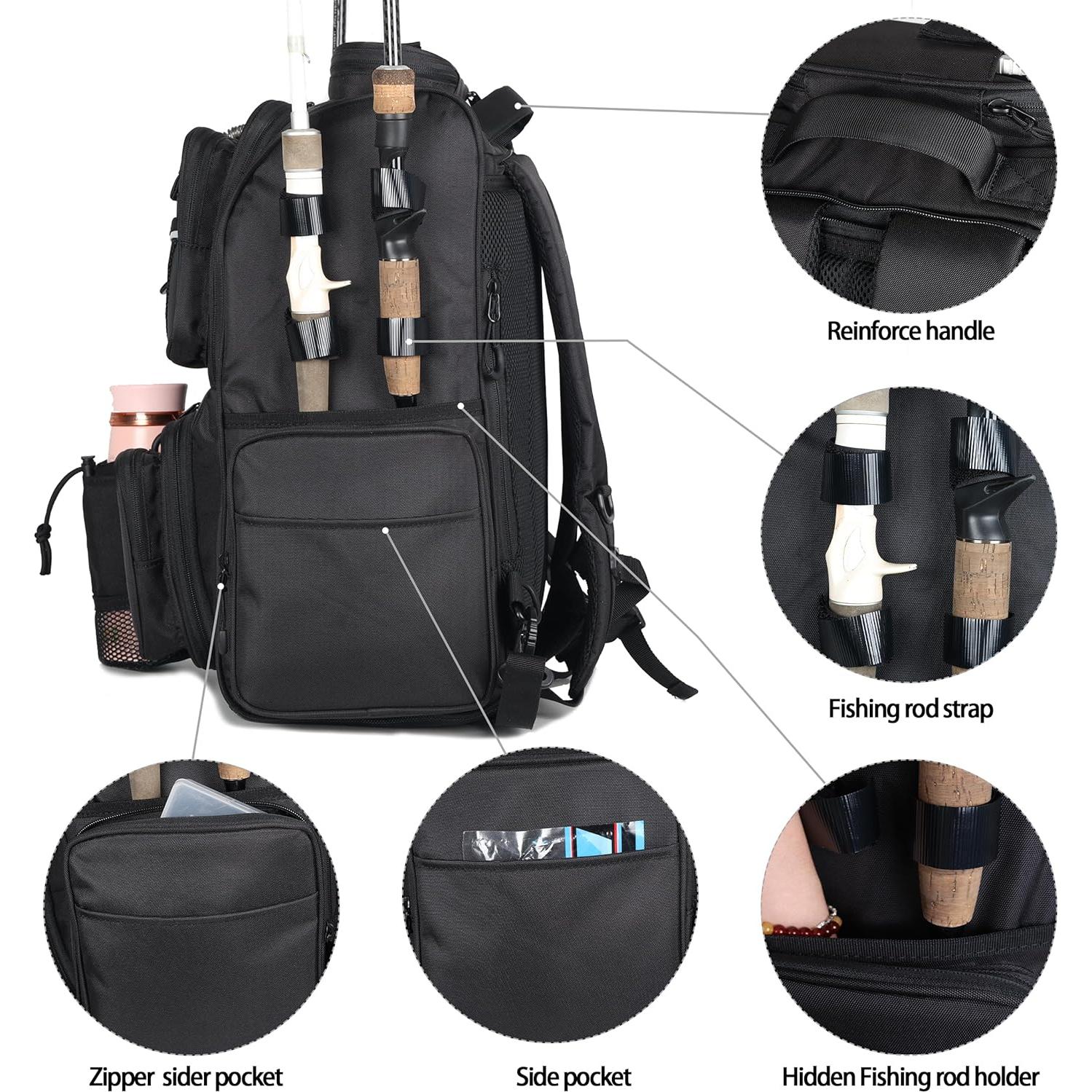 Mochila de Pesca 40L con Soportes para Cañas - Negra