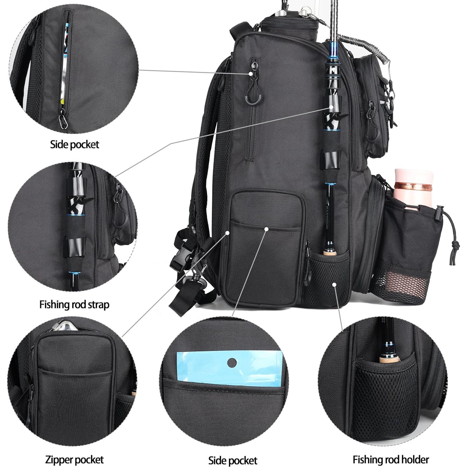 Mochila de Pesca 40L con Soportes para Cañas - Negra