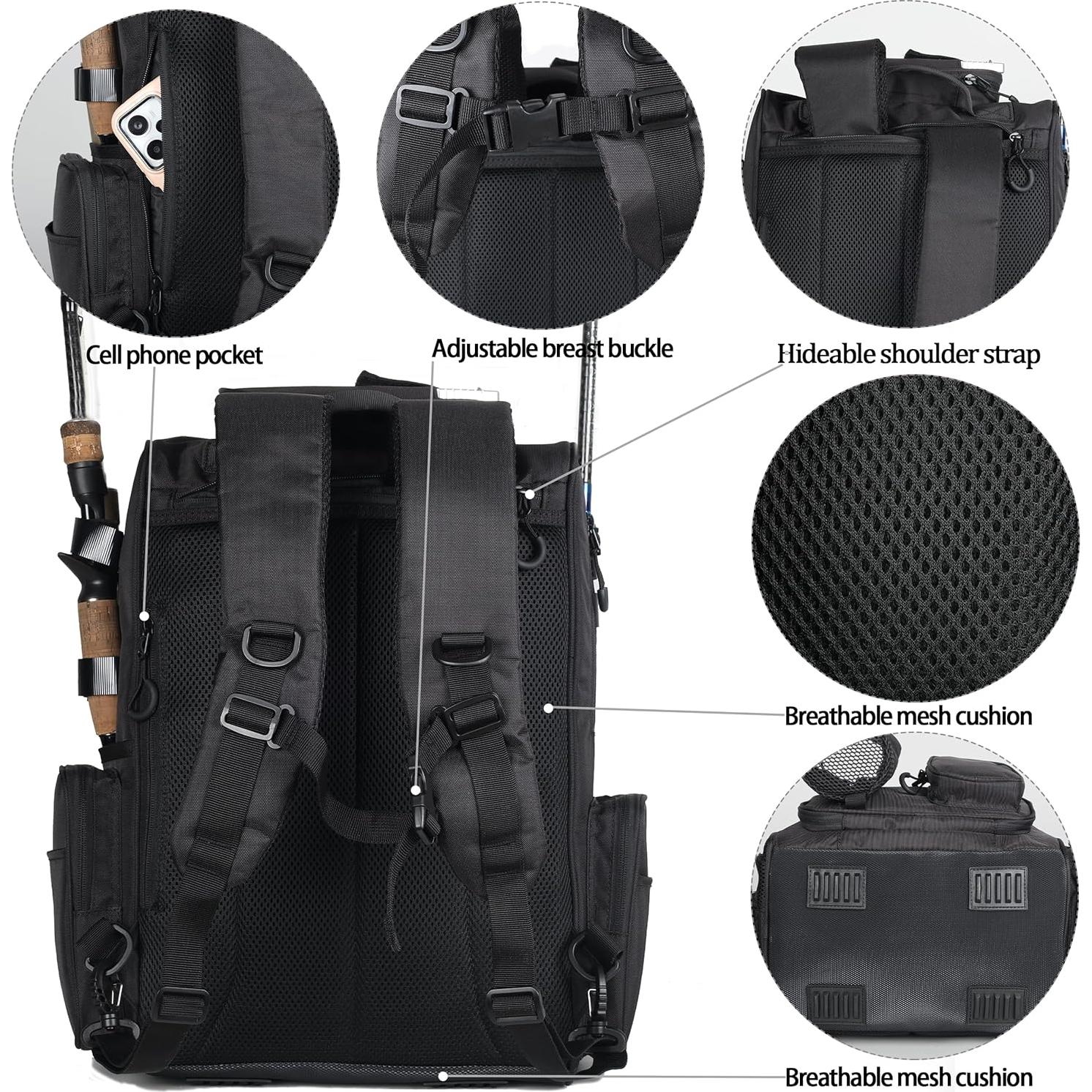 Mochila de Pesca 40L con Soportes para Cañas - Negra