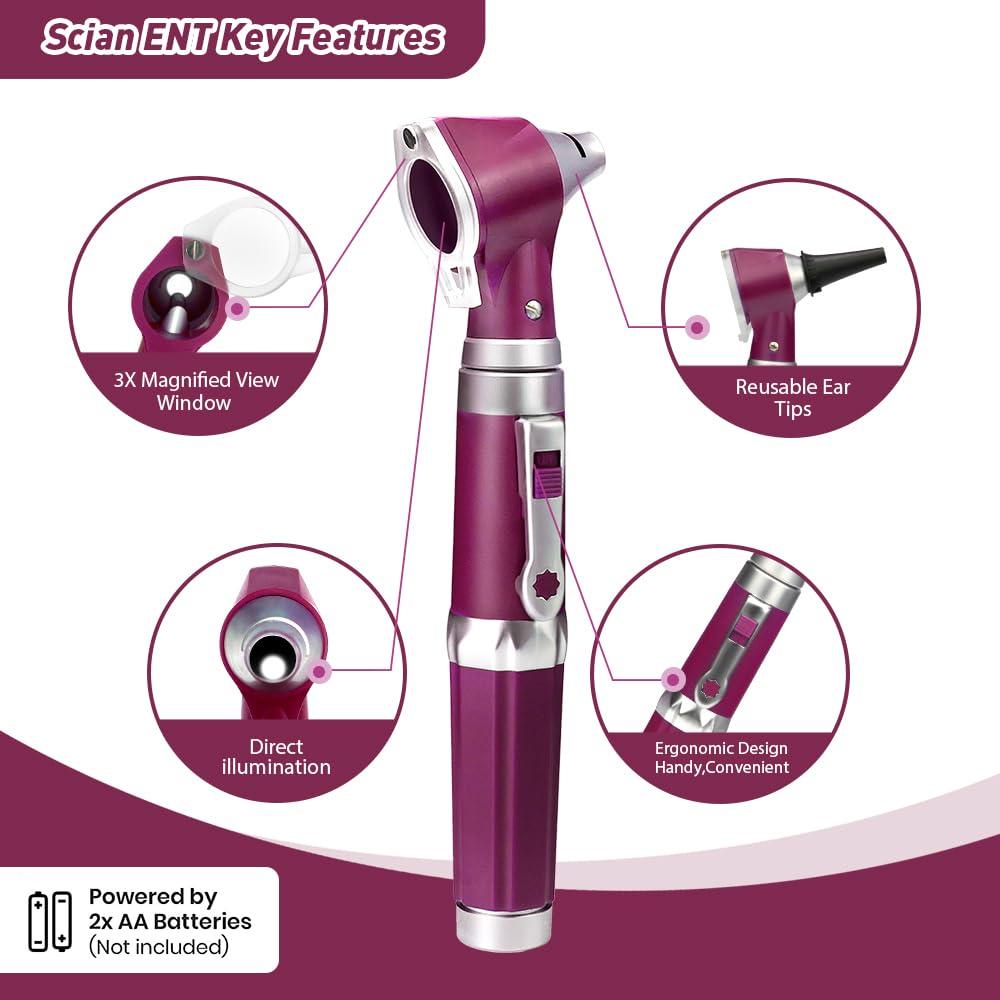 Otoscopio HONSUN HS-OT10G con luz LED y lente 3X - Púrpura