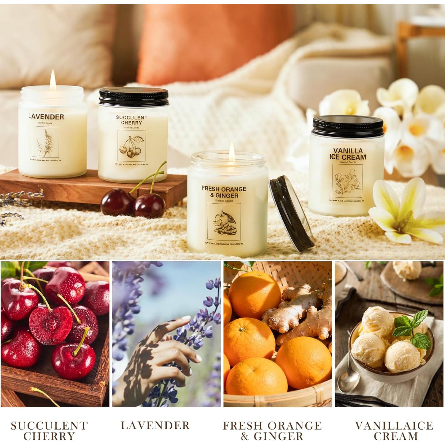 Juego de Velas Aromáticas de Cera de Soja 4 Pack Lavanda Naranja Jengibre
