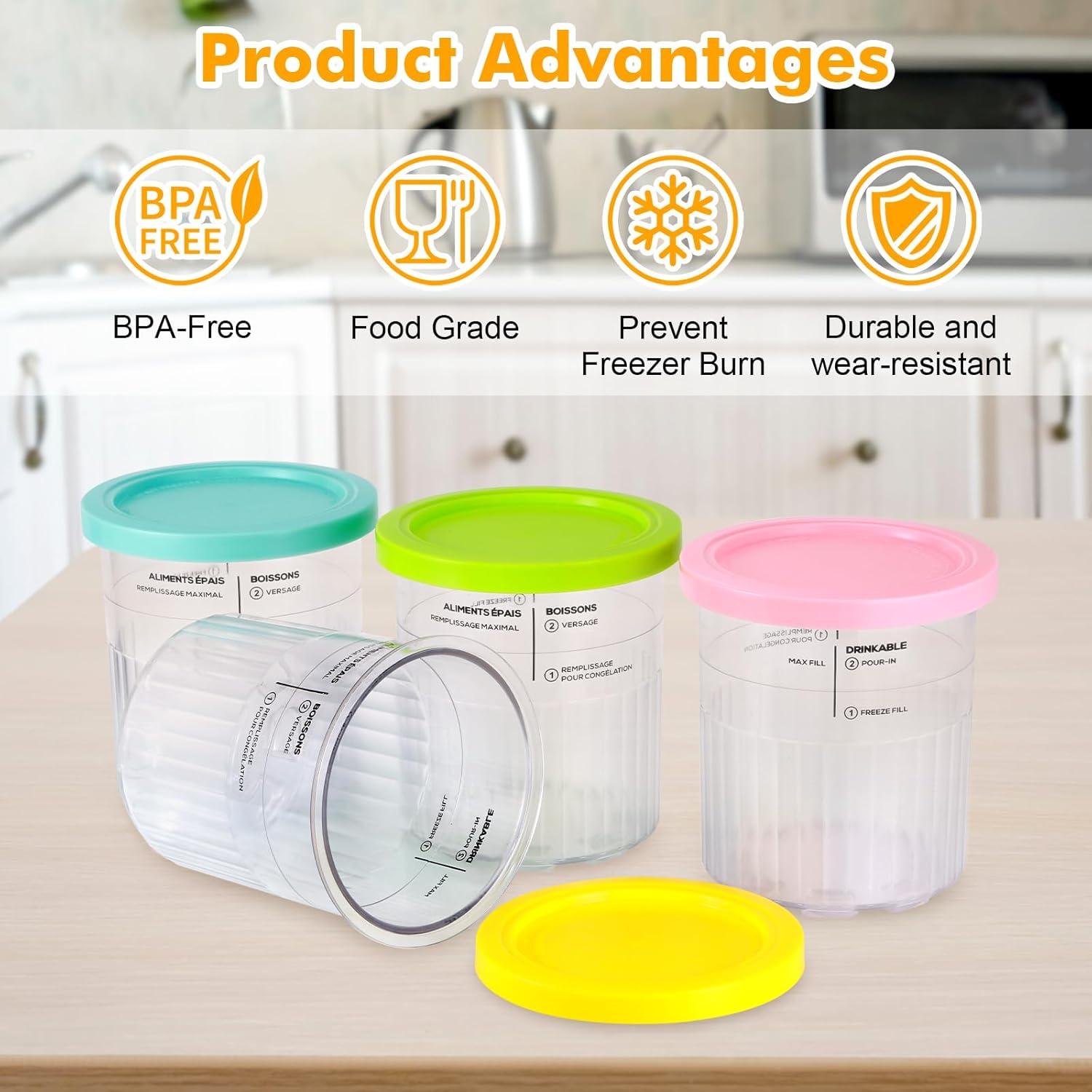 Creami Pint Containers Replacement for Ninja Creami Pints and Lids - 4 Pack 24oz Creamy Icecream Cups Compatible with Ninja NC500 & NC501 Series Deluxe 11-in-1 Ice Cream Maker, Dishwasher Safe