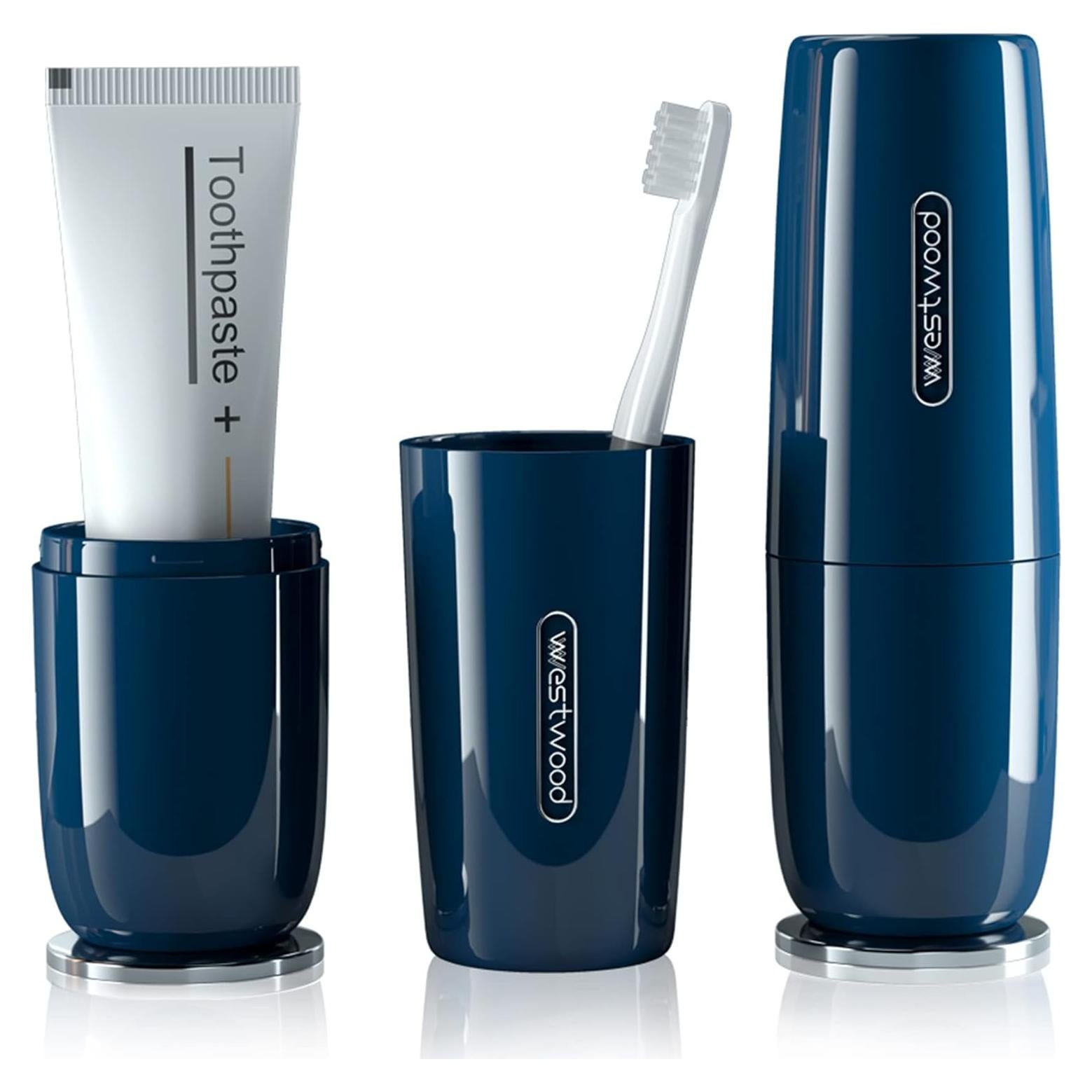 Luxury Blue Plastic Travel Toothbrush Holder Case with Cover, Portable Travel Toothbrush Cup, Storage Container for School Camping Business Trip Bathroom