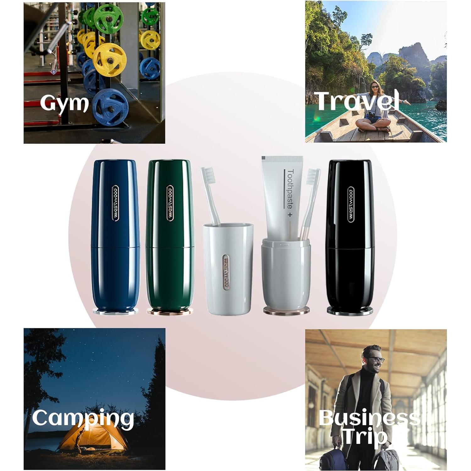 Luxury Blue Plastic Travel Toothbrush Holder Case with Cover, Portable Travel Toothbrush Cup, Storage Container for School Camping Business Trip Bathroom