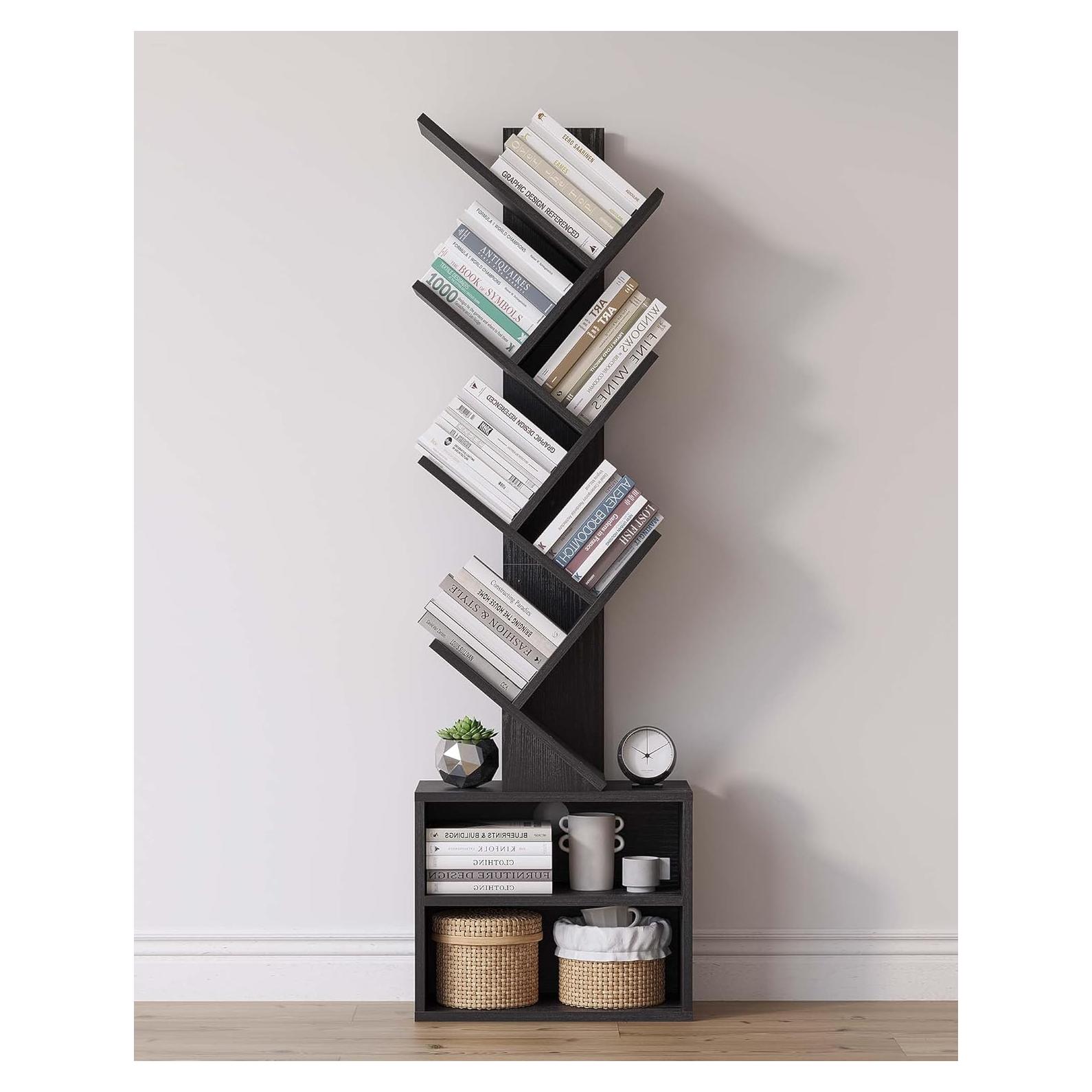 SUNMORY 6 Tier Tree Bookshelf, Small Bookcase with Storage Cabinet, Modern Narrow Bookshelves Organizer, Floor Standing Book Shelf for Bedroom/Living Room/Home Office/Corner, Black