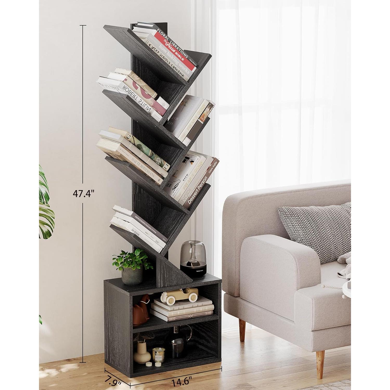 SUNMORY 6 Tier Tree Bookshelf, Small Bookcase with Storage Cabinet, Modern Narrow Bookshelves Organizer, Floor Standing Book Shelf for Bedroom/Living Room/Home Office/Corner, Black