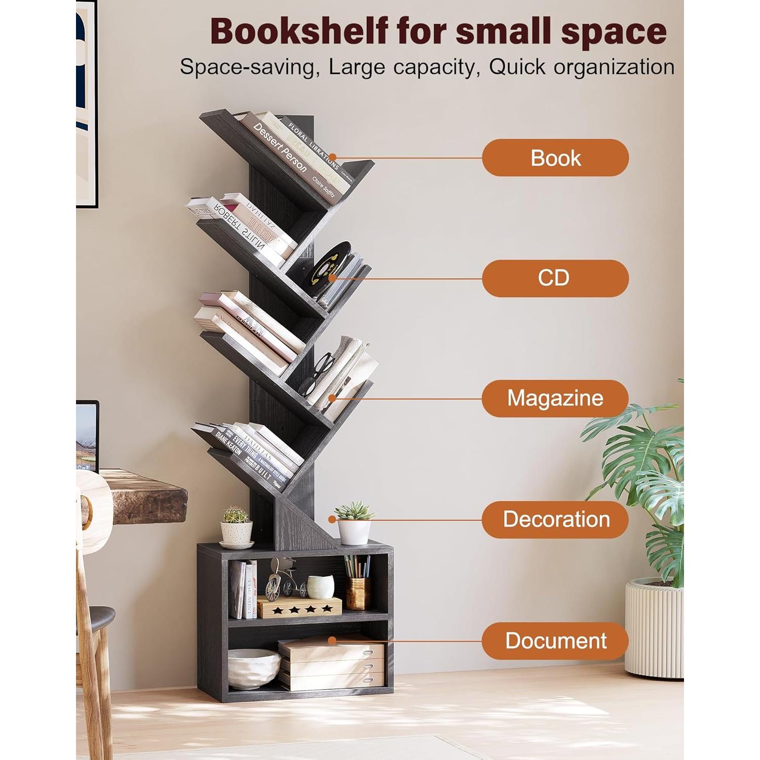 SUNMORY 6 Tier Tree Bookshelf, Small Bookcase with Storage Cabinet, Modern Narrow Bookshelves Organizer, Floor Standing Book Shelf for Bedroom/Living Room/Home Office/Corner, Black