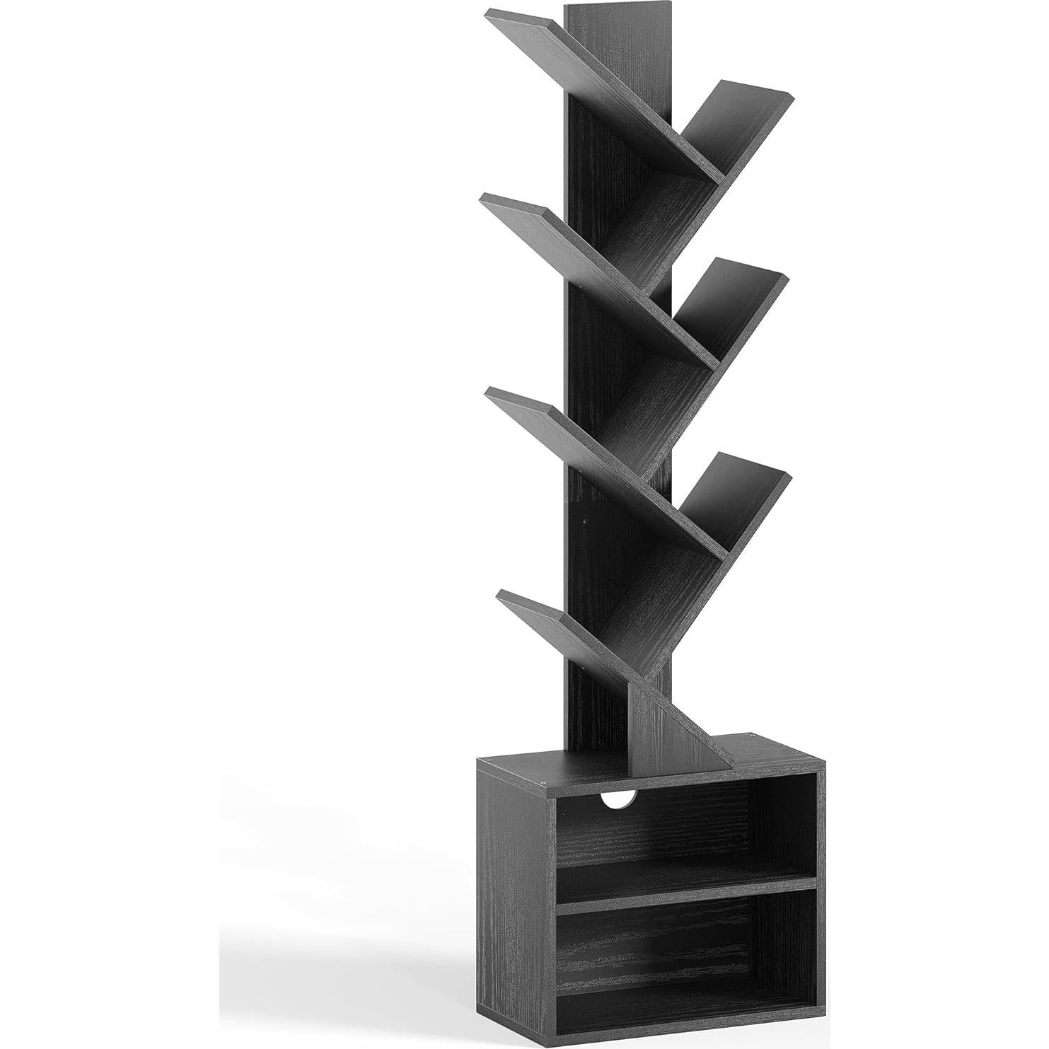 SUNMORY 6 Tier Tree Bookshelf, Small Bookcase with Storage Cabinet, Modern Narrow Bookshelves Organizer, Floor Standing Book Shelf for Bedroom/Living Room/Home Office/Corner, Black