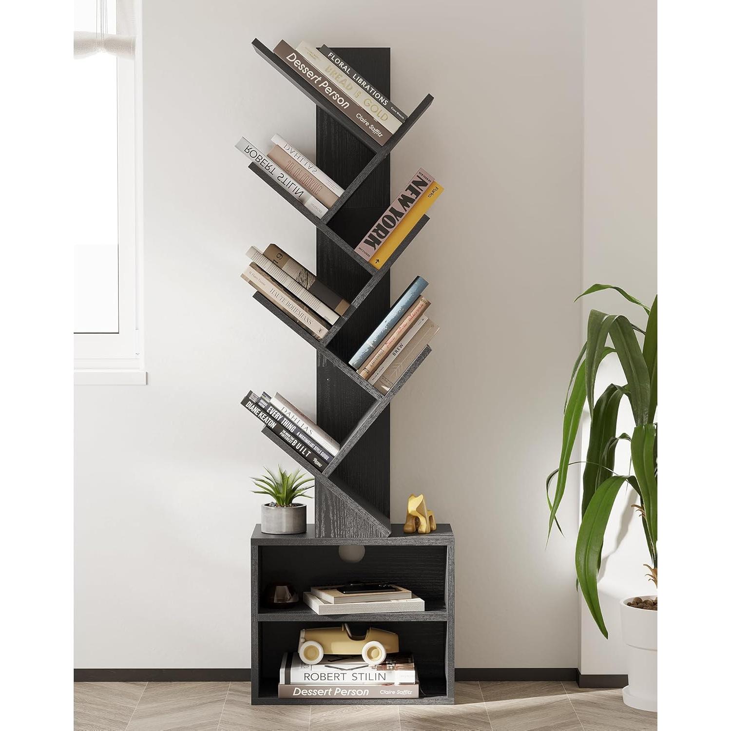 SUNMORY 6 Tier Tree Bookshelf, Small Bookcase with Storage Cabinet, Modern Narrow Bookshelves Organizer, Floor Standing Book Shelf for Bedroom/Living Room/Home Office/Corner, Black