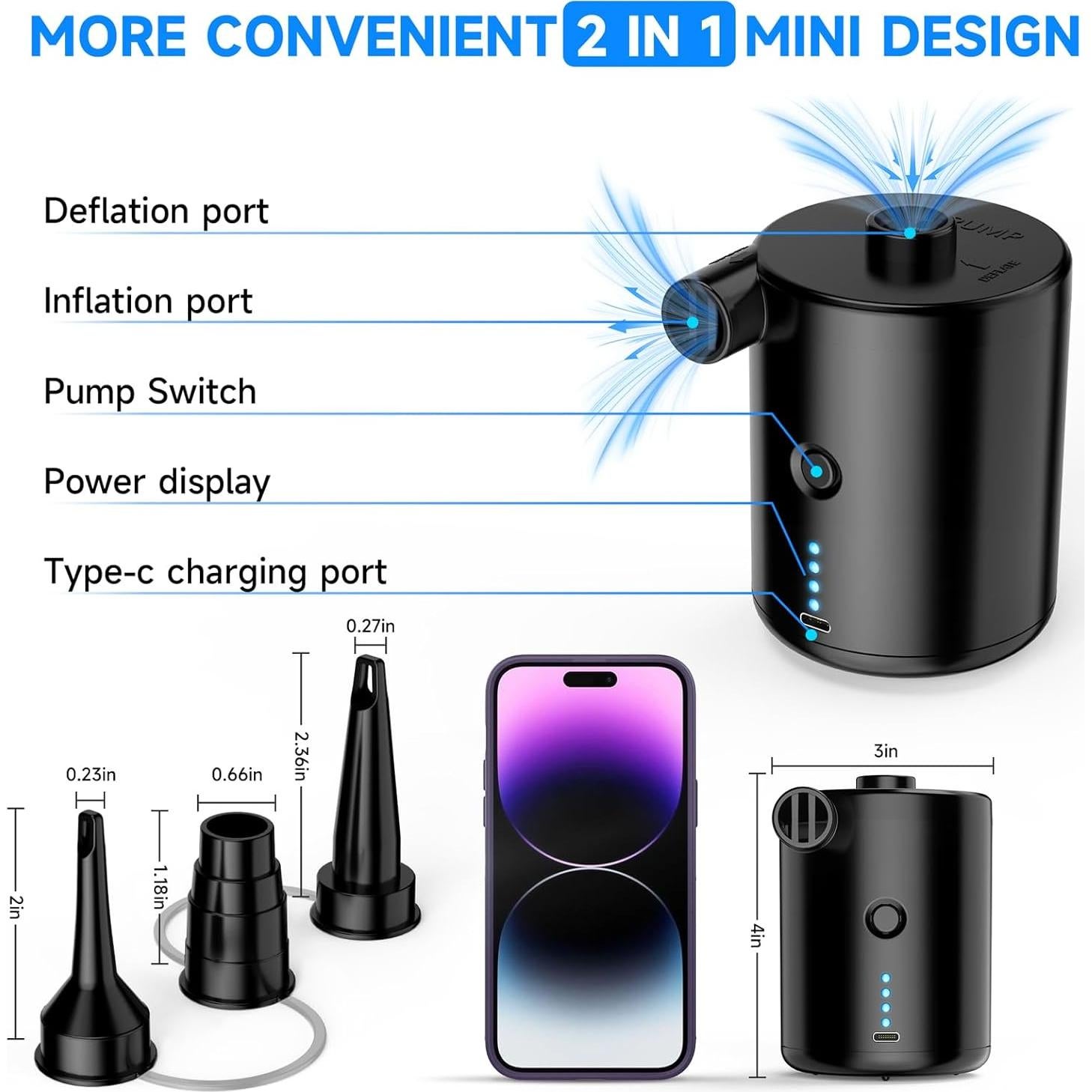 Bomba de aire eléctrica TECHSHARE LQ-168, 4000mAh, 0.29kg