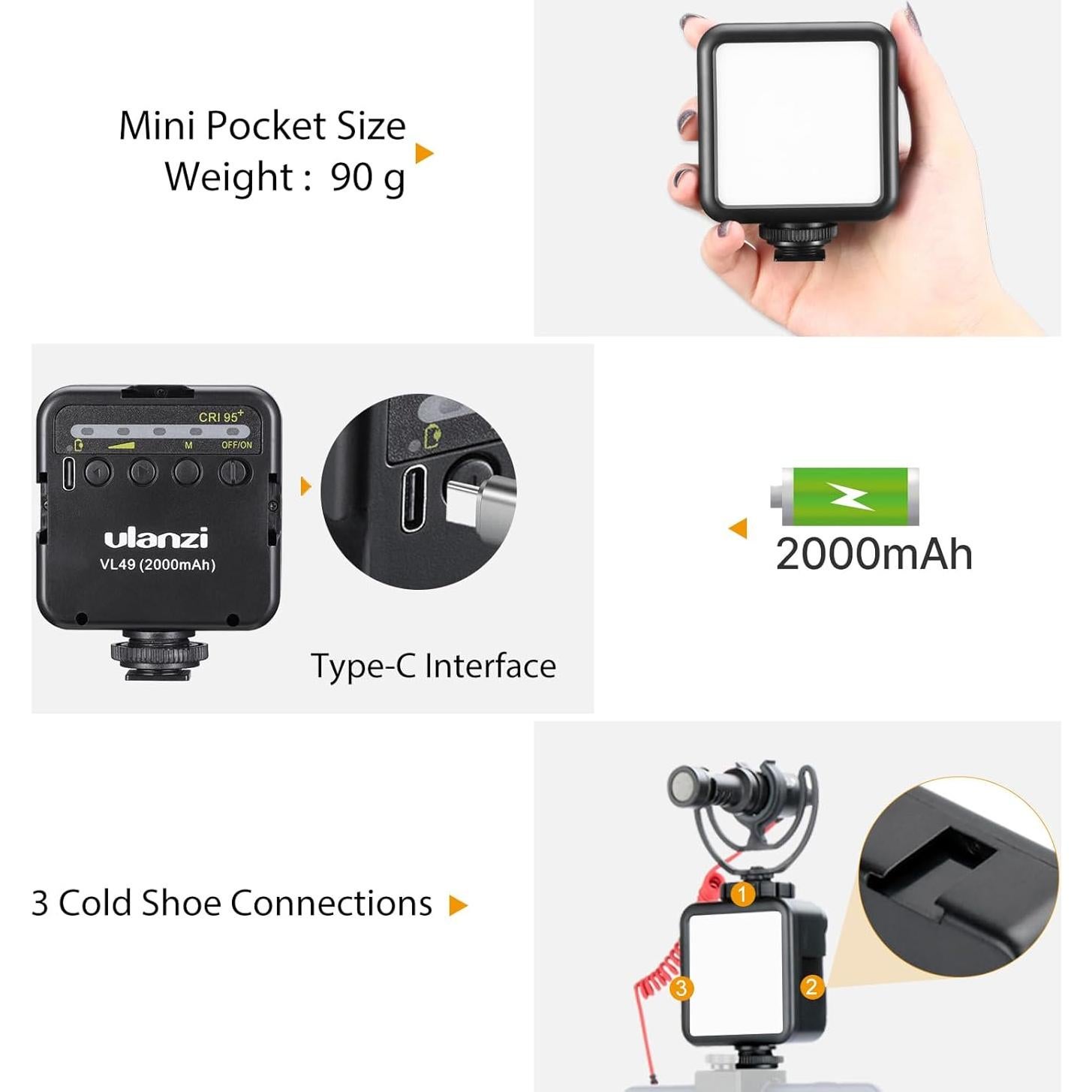 Luz de Video LED ULANZI VL49 2000mAh con 3 Zapatas Frías