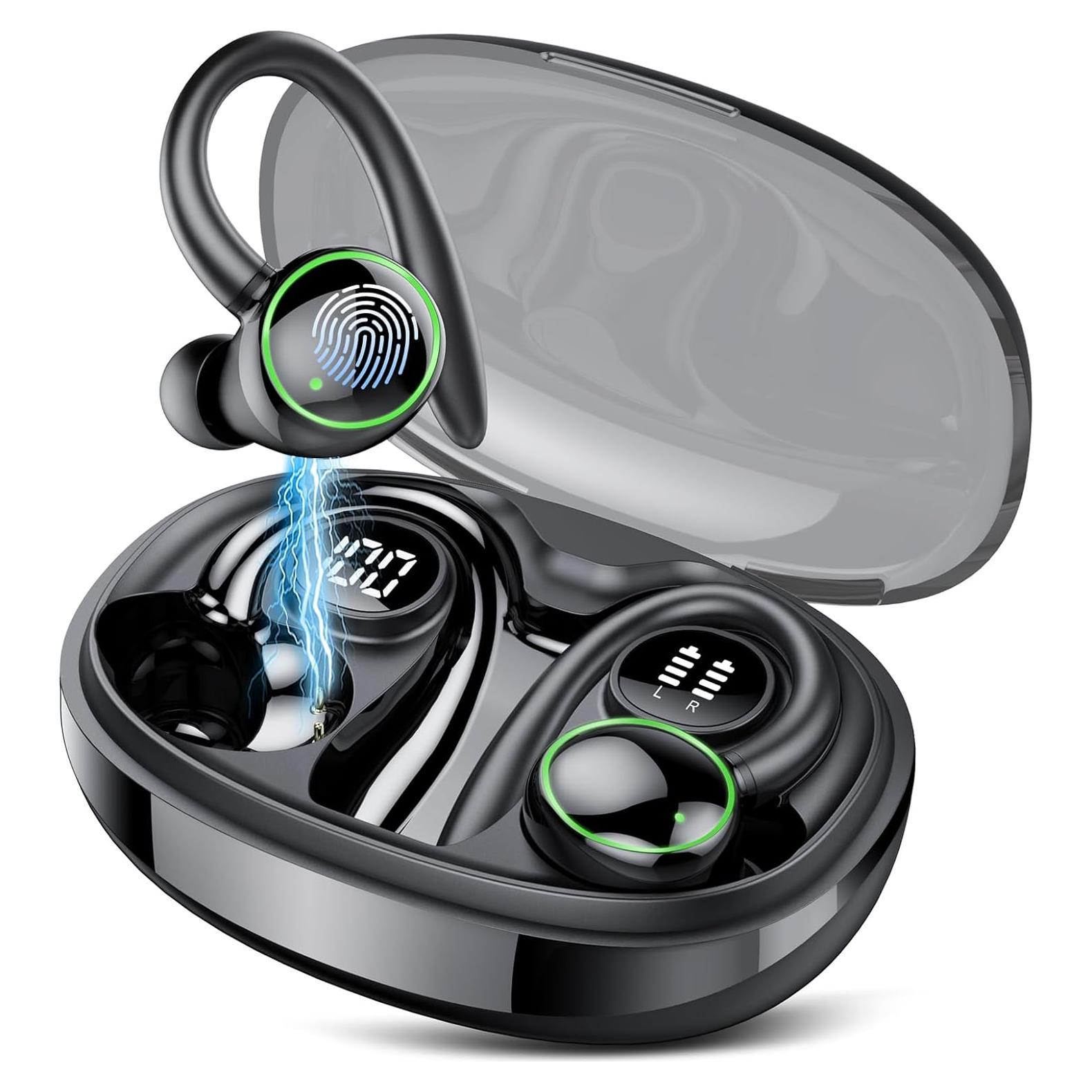 Wireless Earbuds, Bluetooth 5.3 Headphones Sport, Over Ear Buds With ENC Noise Cancelling Mic, 48H, Wireless Earphone With Earhooks, Stereo Deep Bass, IP7 Waterproof Headset for Workout Running, Black