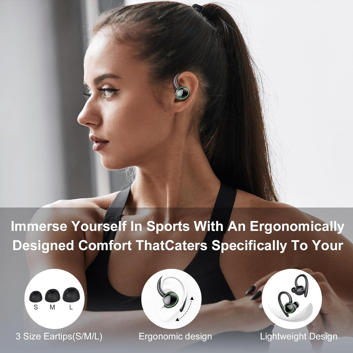Wireless Earbuds, Bluetooth 5.3 Headphones Sport, Over Ear Buds With ENC Noise Cancelling Mic, 48H, Wireless Earphone With Earhooks, Stereo Deep Bass, IP7 Waterproof Headset for Workout Running, Black