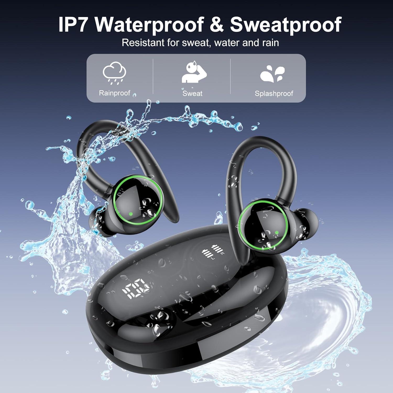 Wireless Earbuds, Bluetooth 5.3 Headphones Sport, Over Ear Buds With ENC Noise Cancelling Mic, 48H, Wireless Earphone With Earhooks, Stereo Deep Bass, IP7 Waterproof Headset for Workout Running, Black