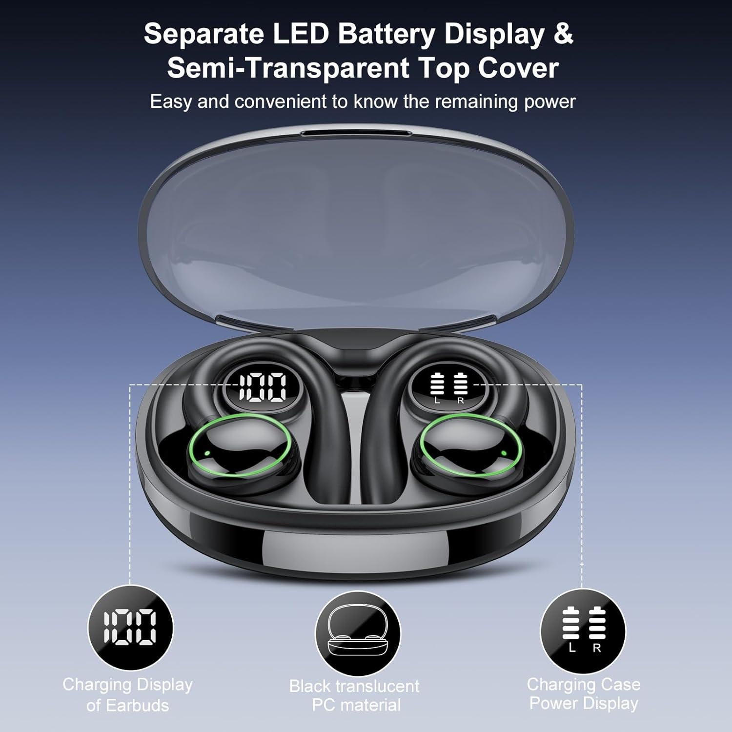 Wireless Earbuds, Bluetooth 5.3 Headphones Sport, Over Ear Buds With ENC Noise Cancelling Mic, 48H, Wireless Earphone With Earhooks, Stereo Deep Bass, IP7 Waterproof Headset for Workout Running, Black