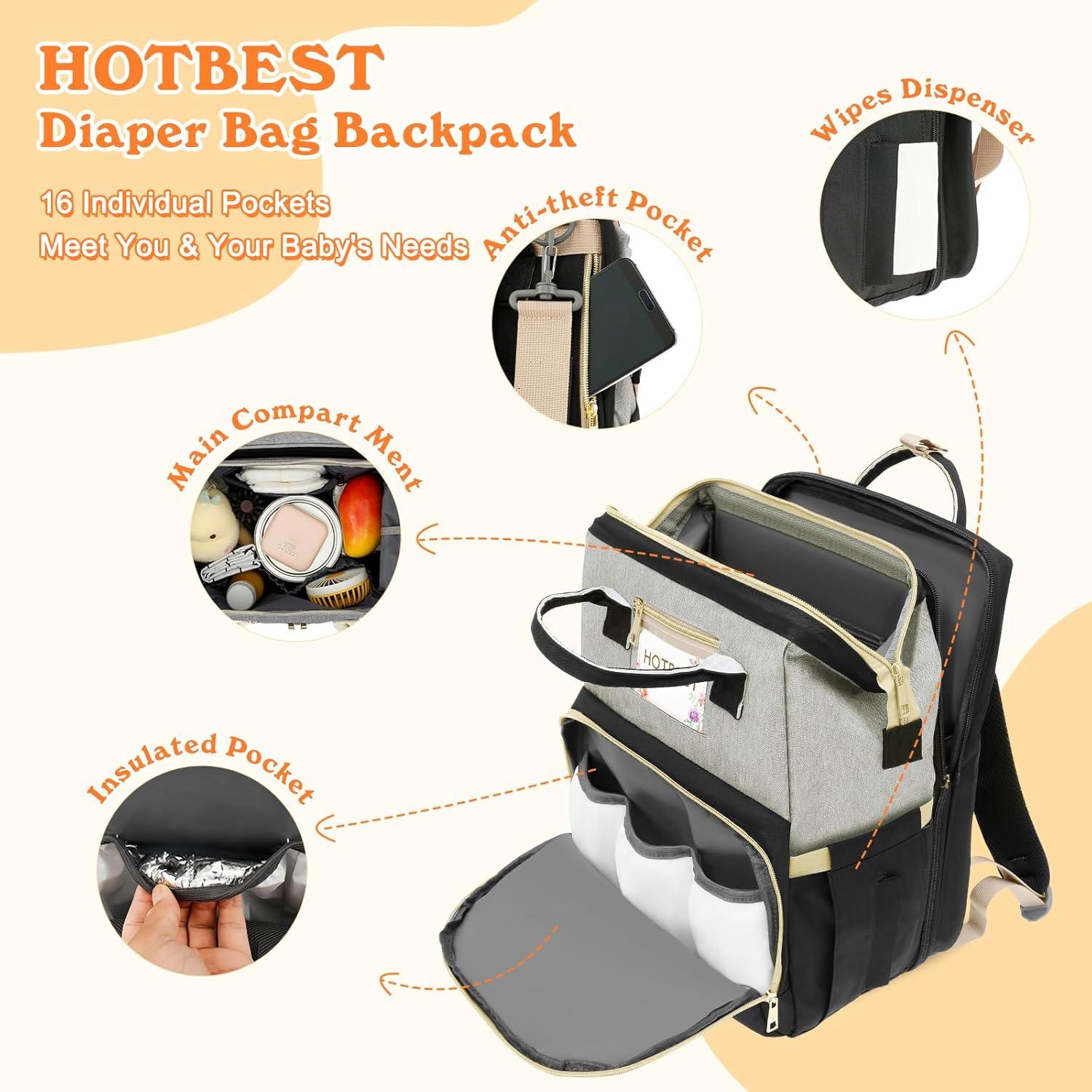 Mochila para Pañales HOTBEST Grande 53L Negro Gris