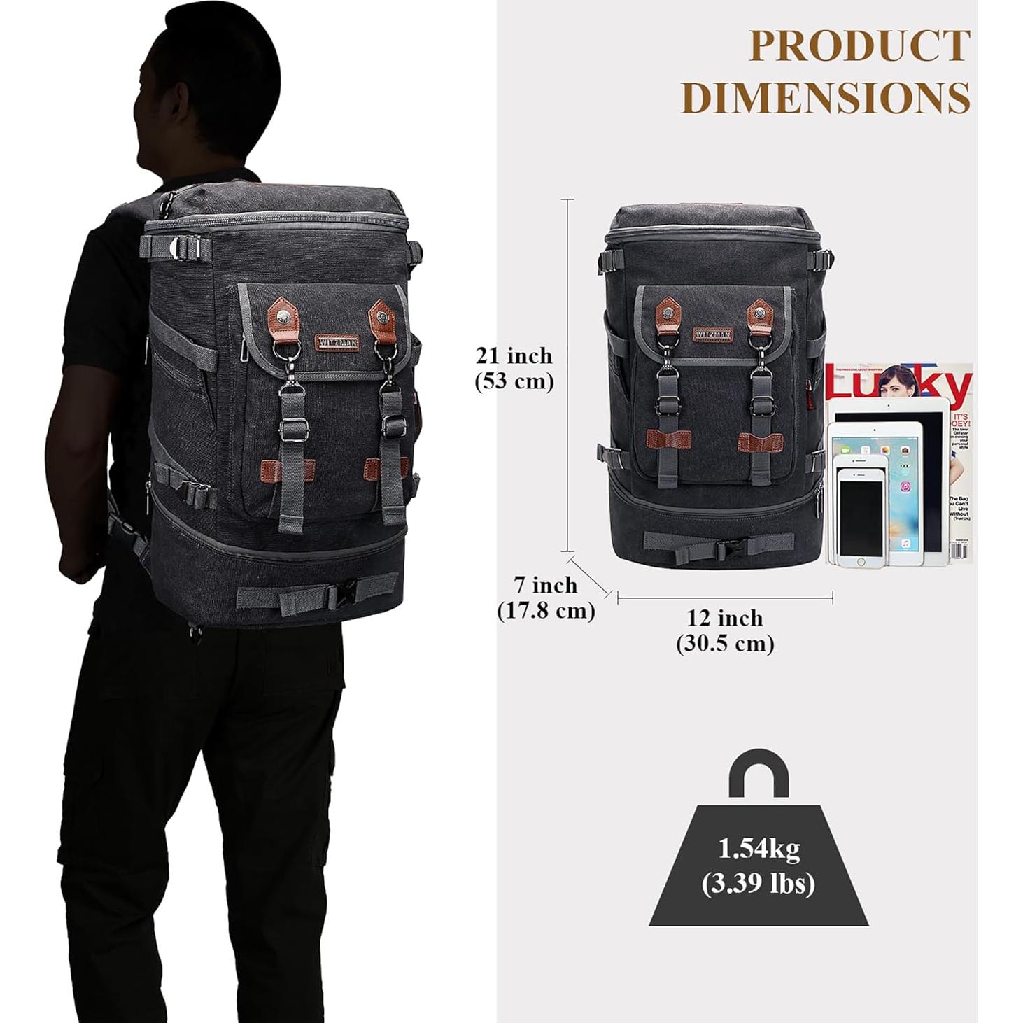 Mochila de Viaje WITZMAN Lona Negra 30.48x53.34x17.78cm