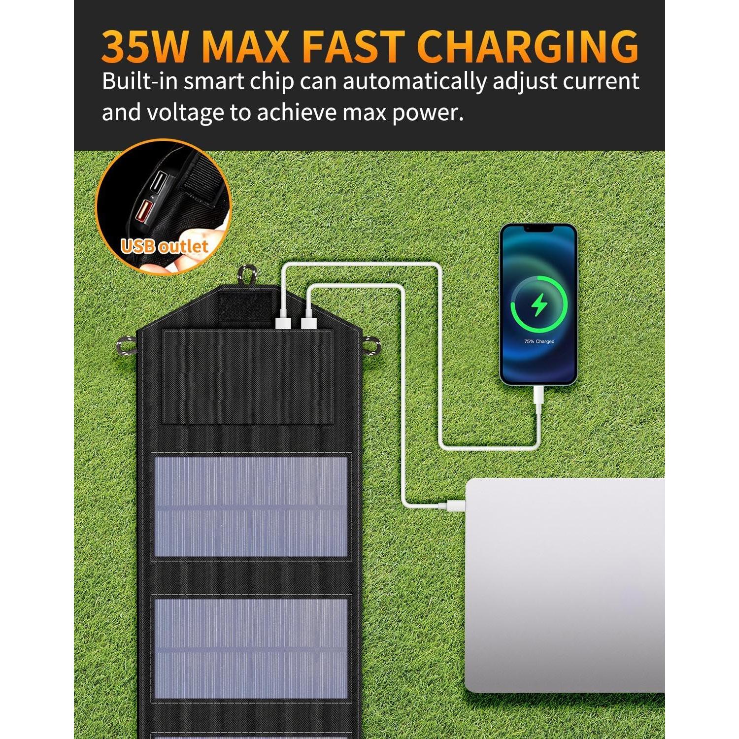 35W Portable Solar Panel,Foldable Solar Charger with 5V/3A USB Suitable for Mobile Phones, Tablets, and Power Banks Suitable for RVs, Backpacks, and Hiking Trips