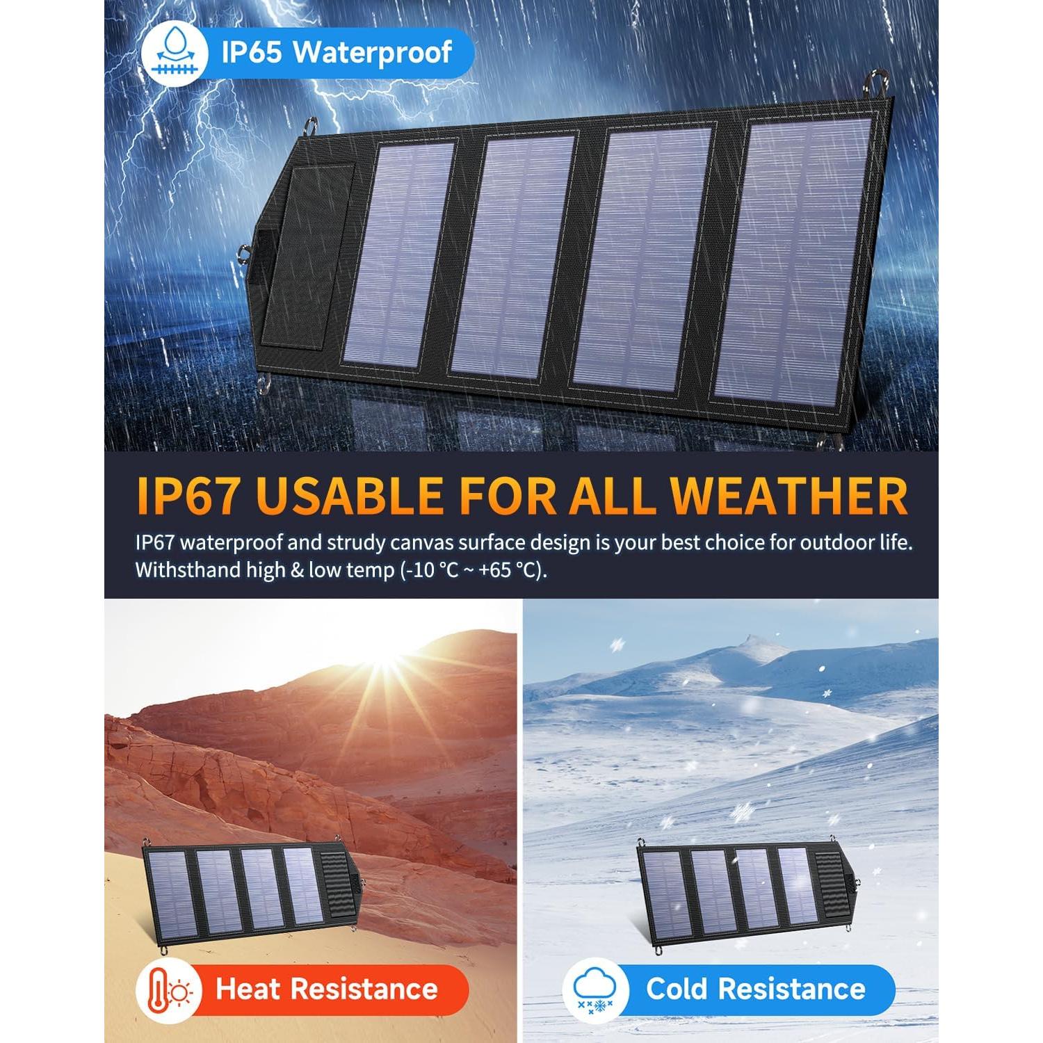 35W Portable Solar Panel,Foldable Solar Charger with 5V/3A USB Suitable for Mobile Phones, Tablets, and Power Banks Suitable for RVs, Backpacks, and Hiking Trips