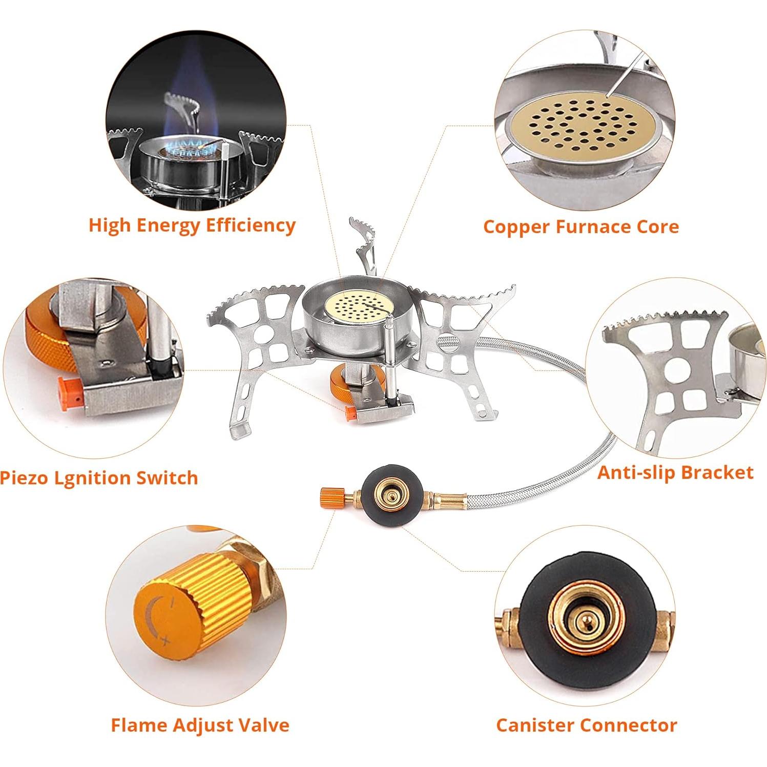 Camping Stove with Fuel Canister Adapter Portable Collapsible Gas Stove with Piezo Ignition-3900W-Lightweight-Windproof-Butane Adapter Camping and Backpacking Mini Stove Kit for Hiking